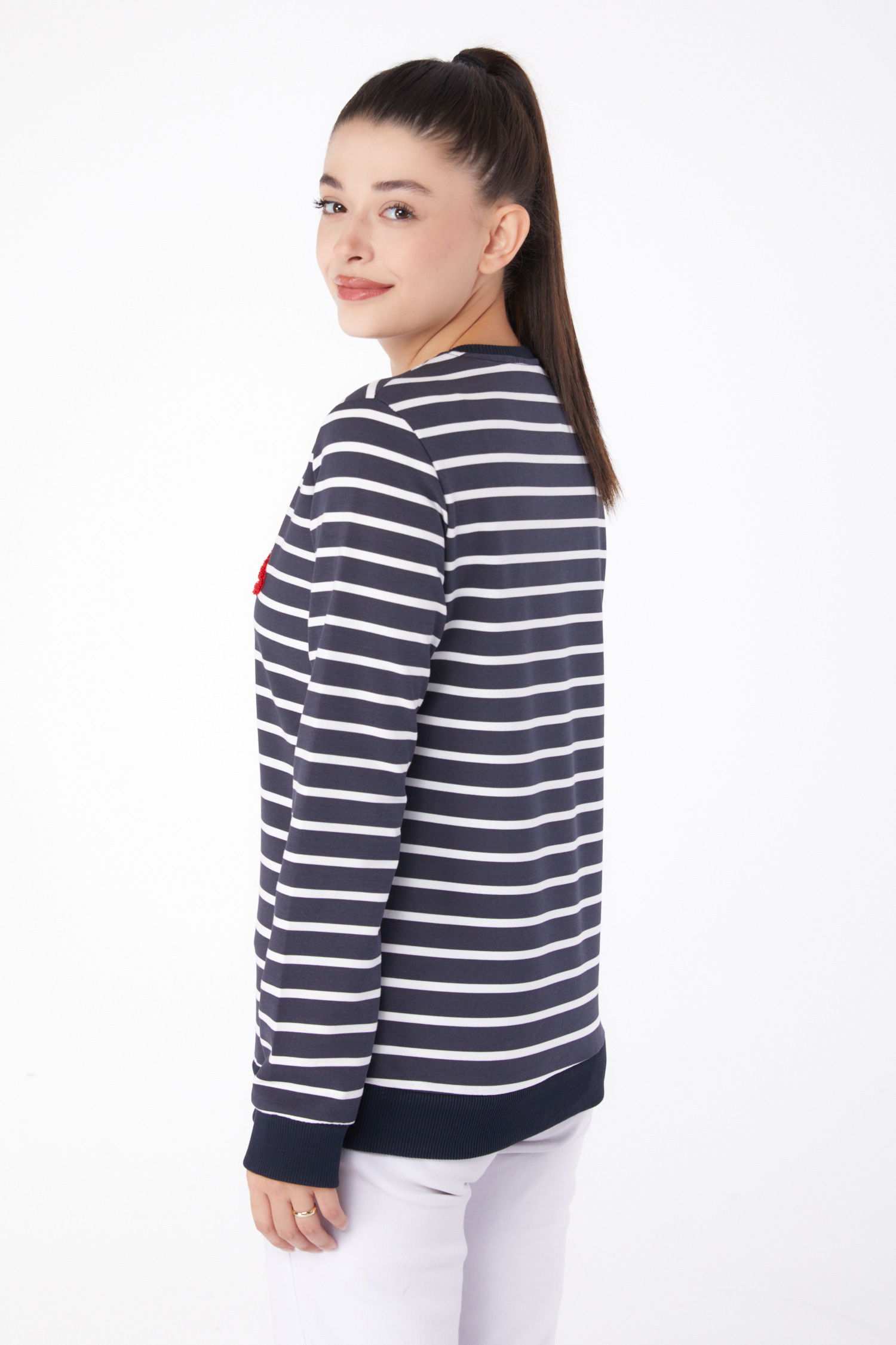 Düz Bisiklet Yaka Kadın Antrasit Nakışlı Sweatshirt - 26287 - 5