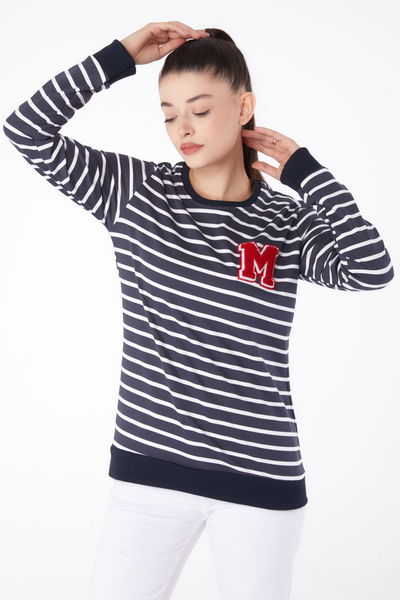 Düz Bisiklet Yaka Kadın Antrasit Nakışlı Sweatshirt - 26291 