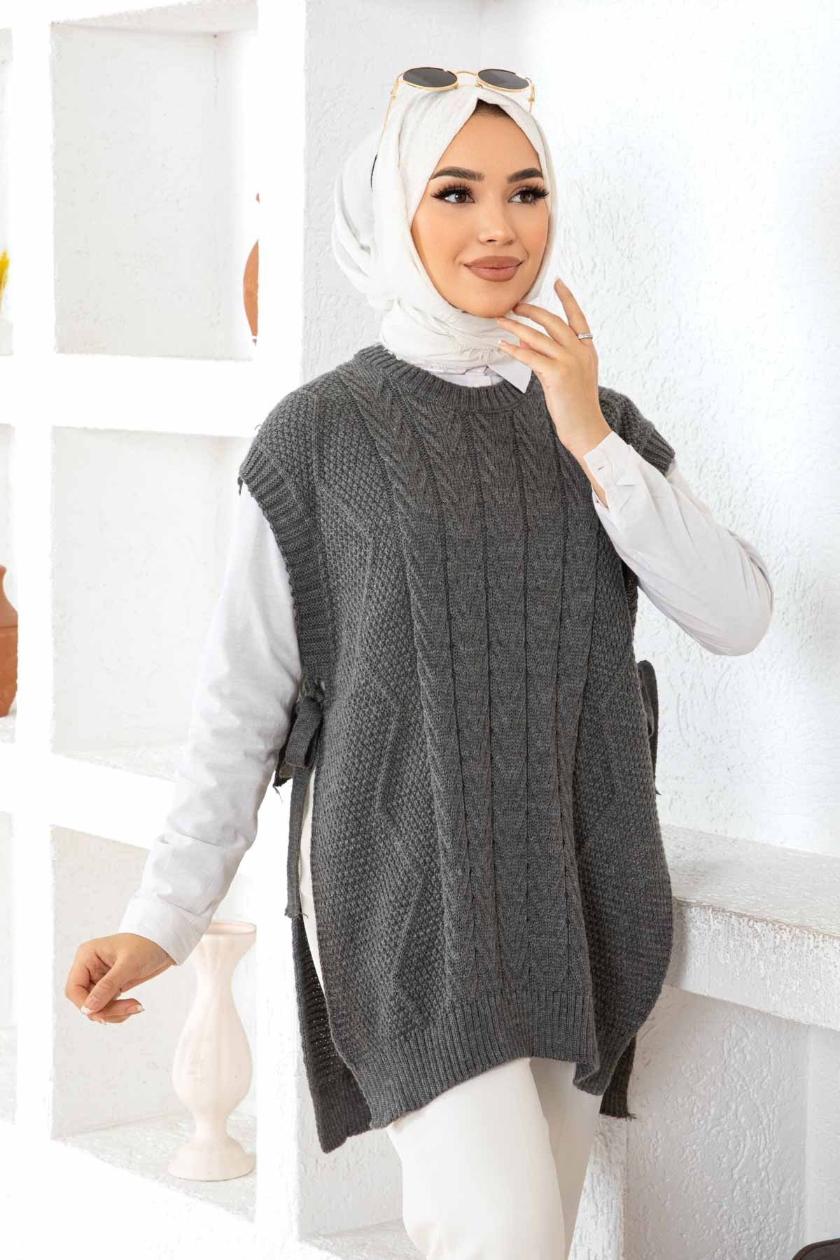 Düz Bisiklet Yaka Kadın Antrasit Triko Süveter - 24144 - 3