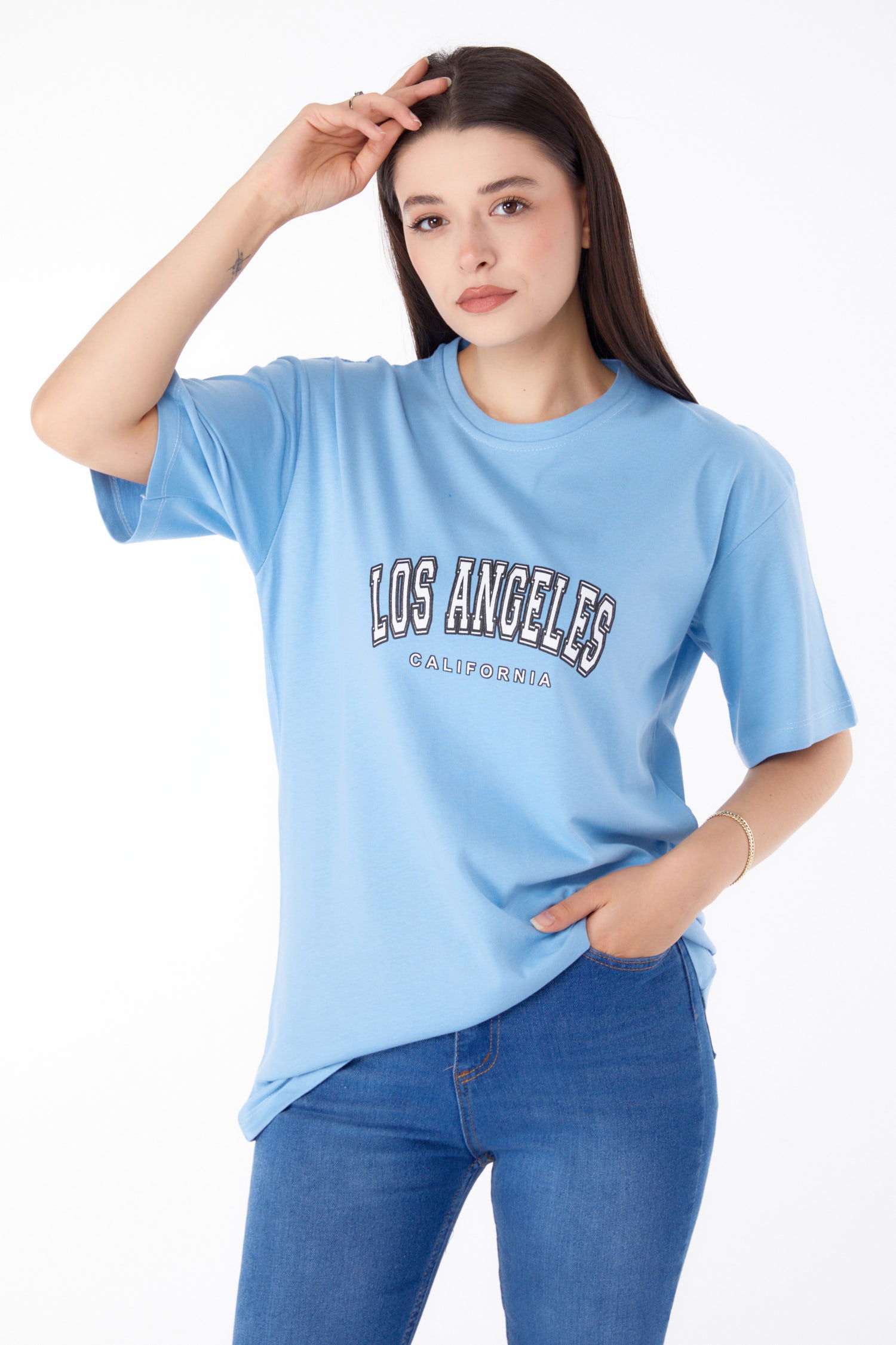 Düz Bisiklet Yaka Kadın Bebe Mavi Baskılı T-shirt - 25704 - 1