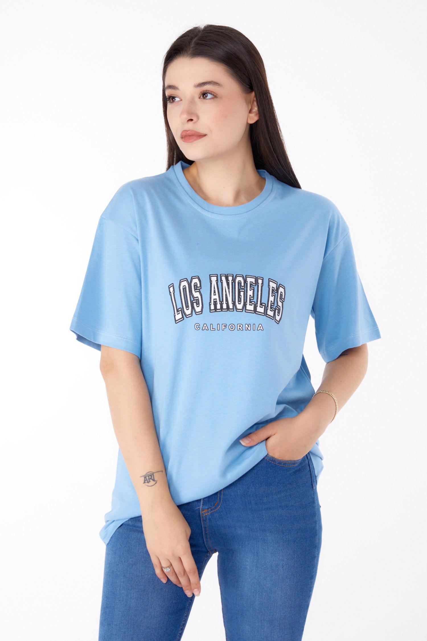Düz Bisiklet Yaka Kadın Bebe Mavi Baskılı T-shirt - 25704 - 2