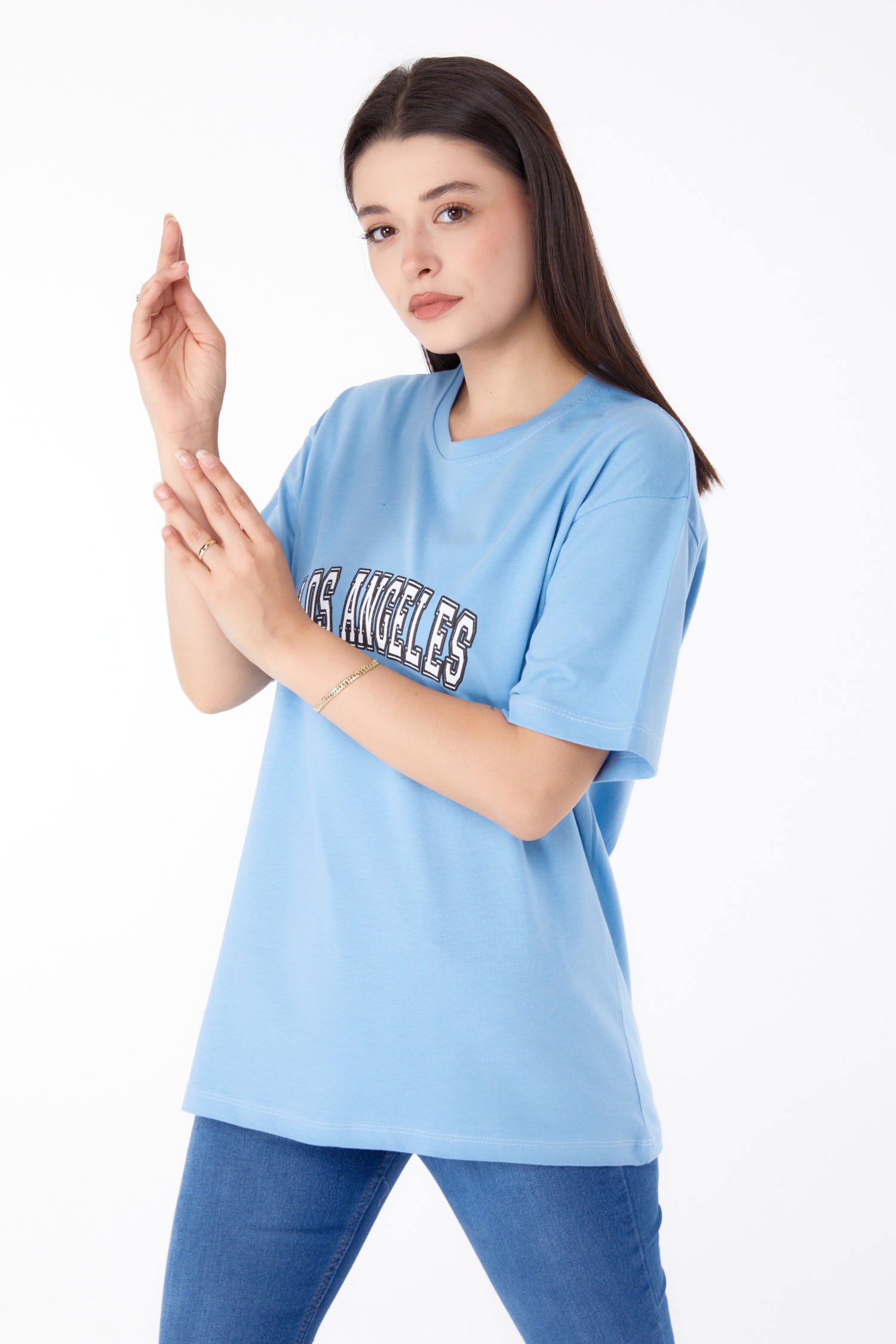 Düz Bisiklet Yaka Kadın Bebe Mavi Baskılı T-shirt - 25704 - 3