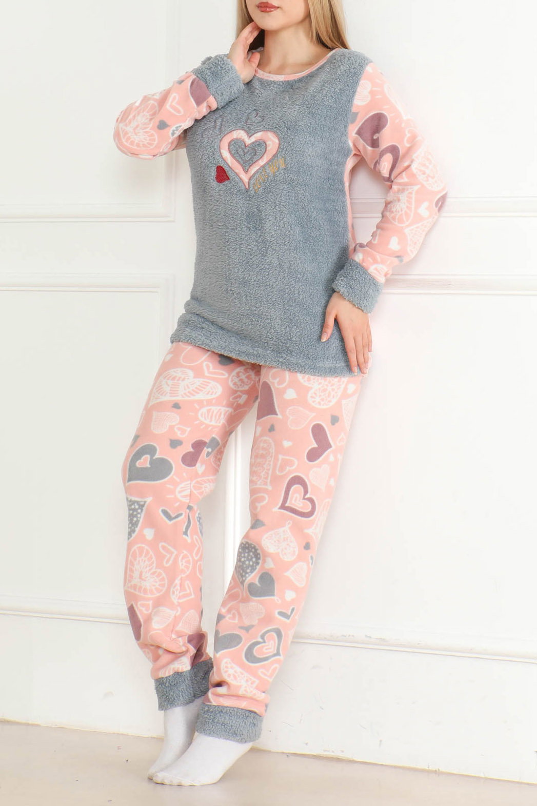 Nakışlı Peluş Polar Pijama Takım Bebe Mavi - 26635 - 1