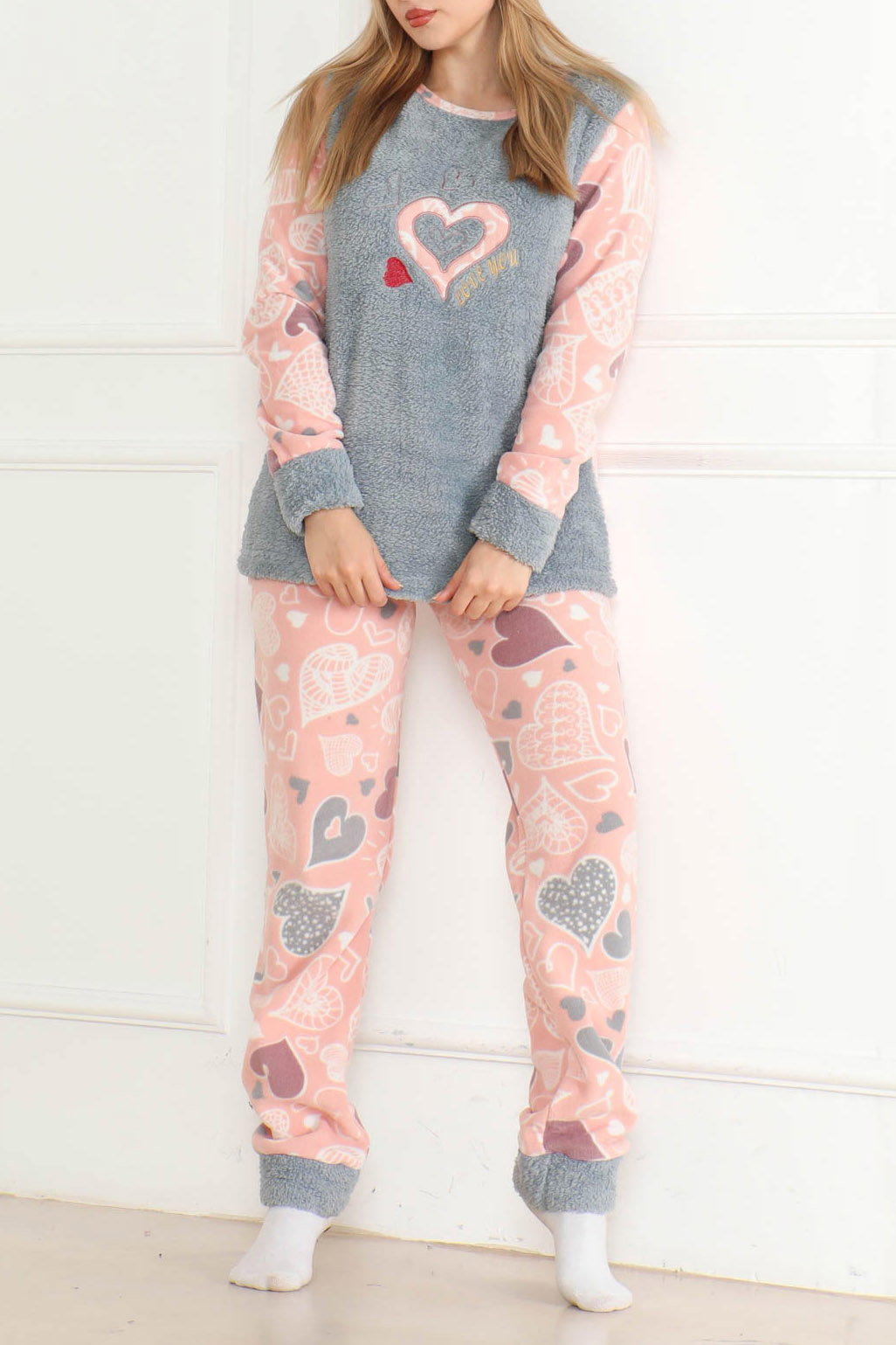 Nakışlı Peluş Polar Pijama Takım Bebe Mavi - 26635 - 2