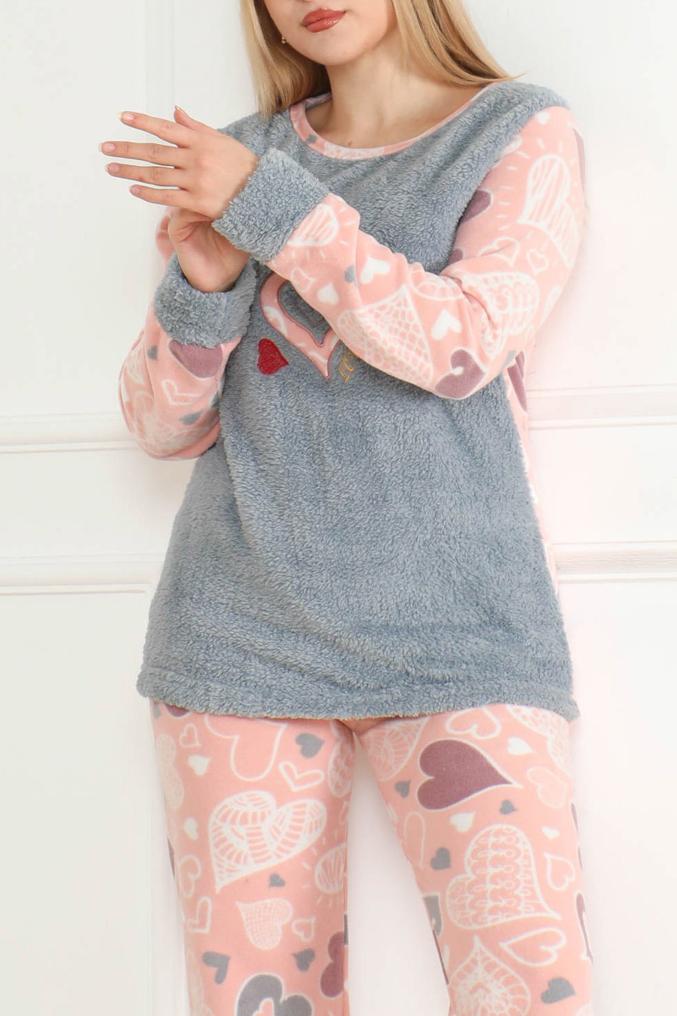 Nakışlı Peluş Polar Pijama Takım Bebe Mavi - 26635 - 3