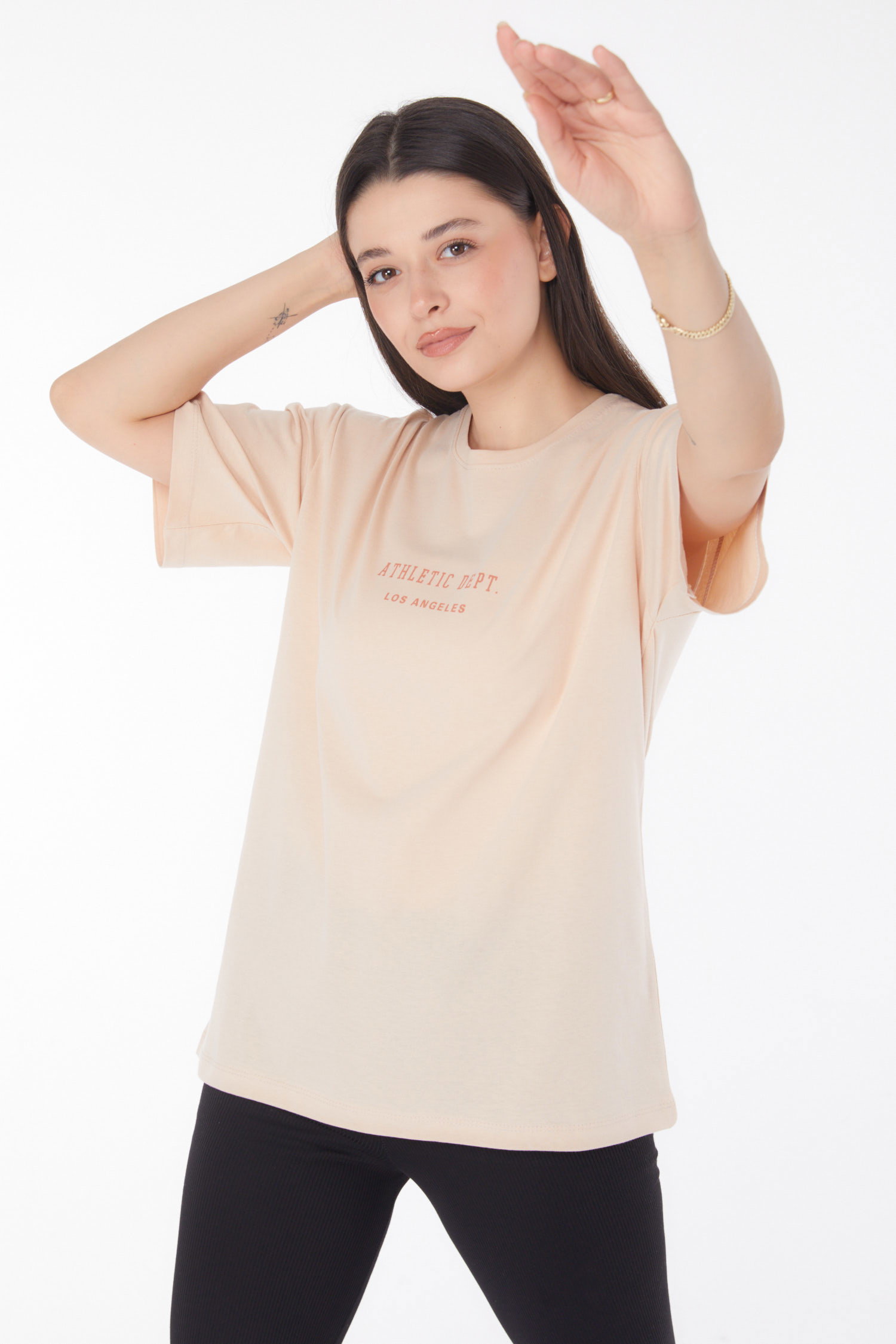 Baskılı T-shirt Bej - 25693 - 3