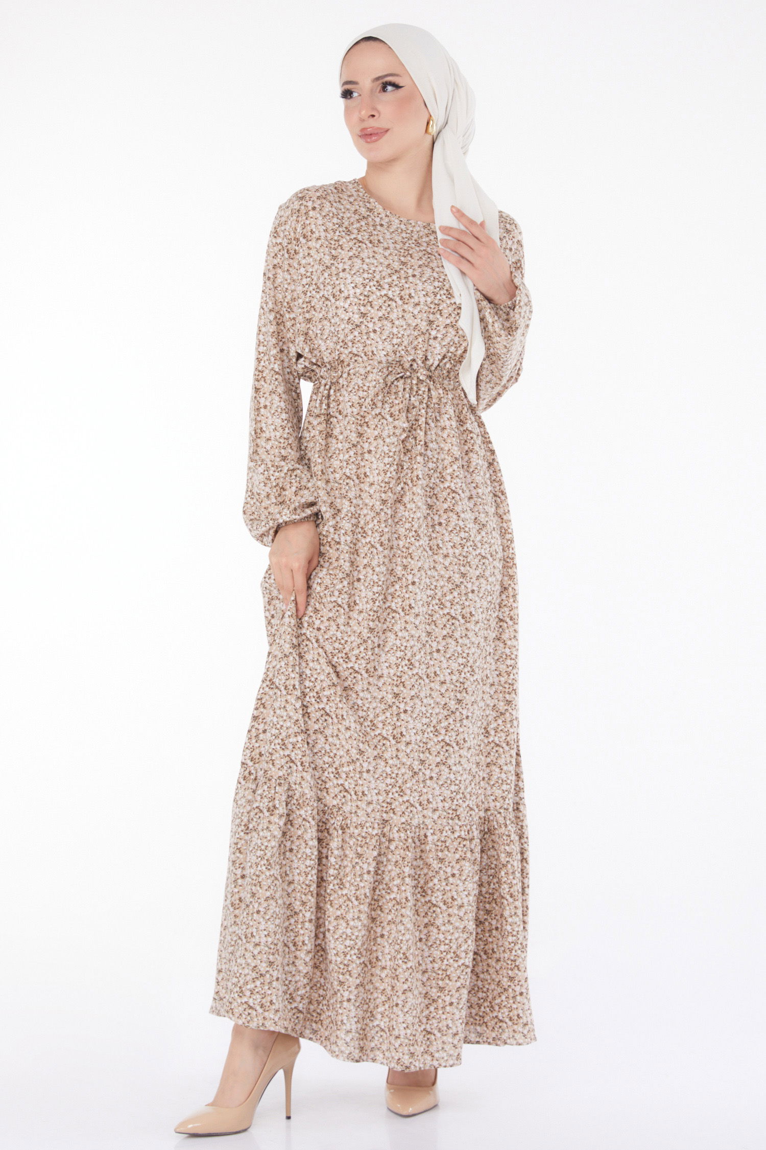 Çiçek Desenli Elbise Bej - 25408 - 1