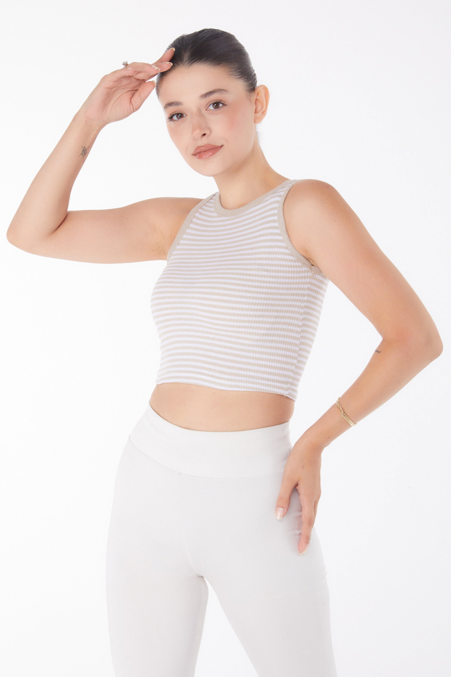 Düz Bisiklet Yaka Kadın Bej Çizgili Crop - 25958 - 1