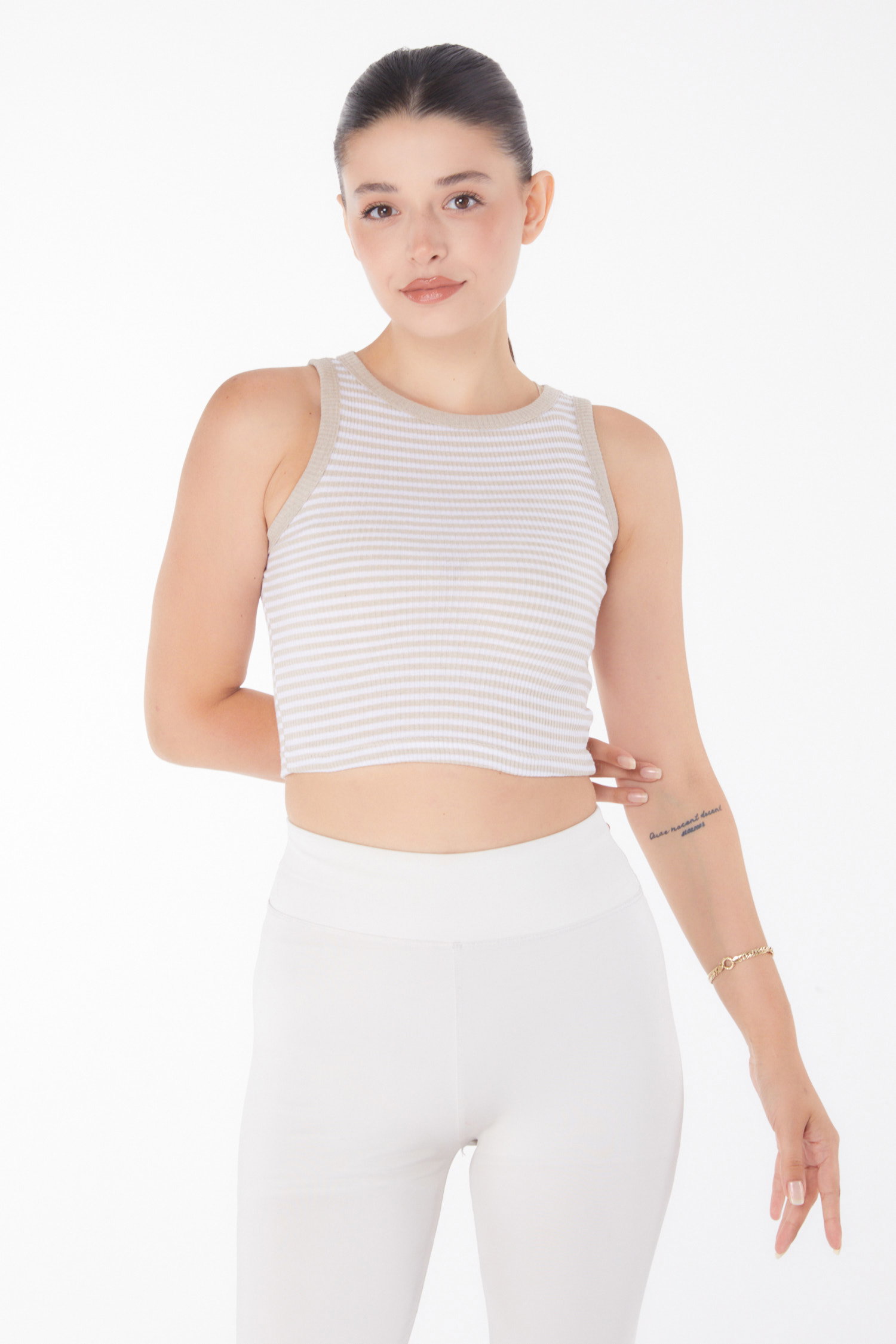 Düz Bisiklet Yaka Kadın Bej Çizgili Crop - 25958 - 2