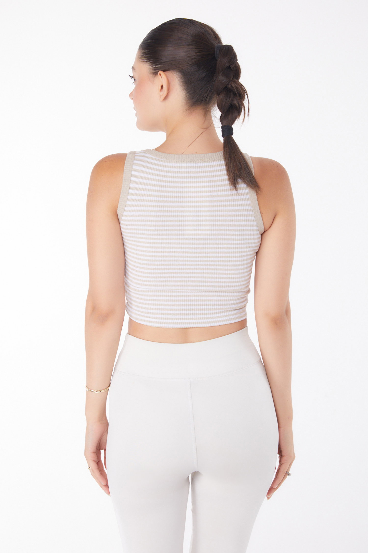 Düz Bisiklet Yaka Kadın Bej Çizgili Crop - 25958 - 5