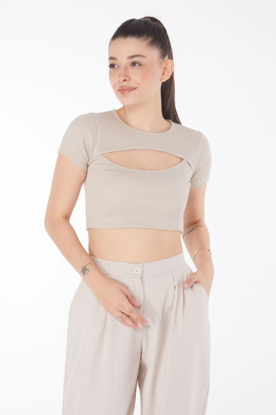 Düz Bisiklet Yaka Kadın Bej Crop - 25852 