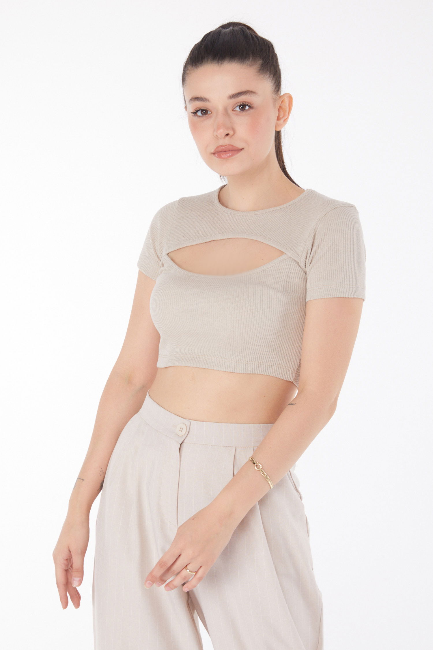 Düz Bisiklet Yaka Kadın Bej Crop - 25852 - 3