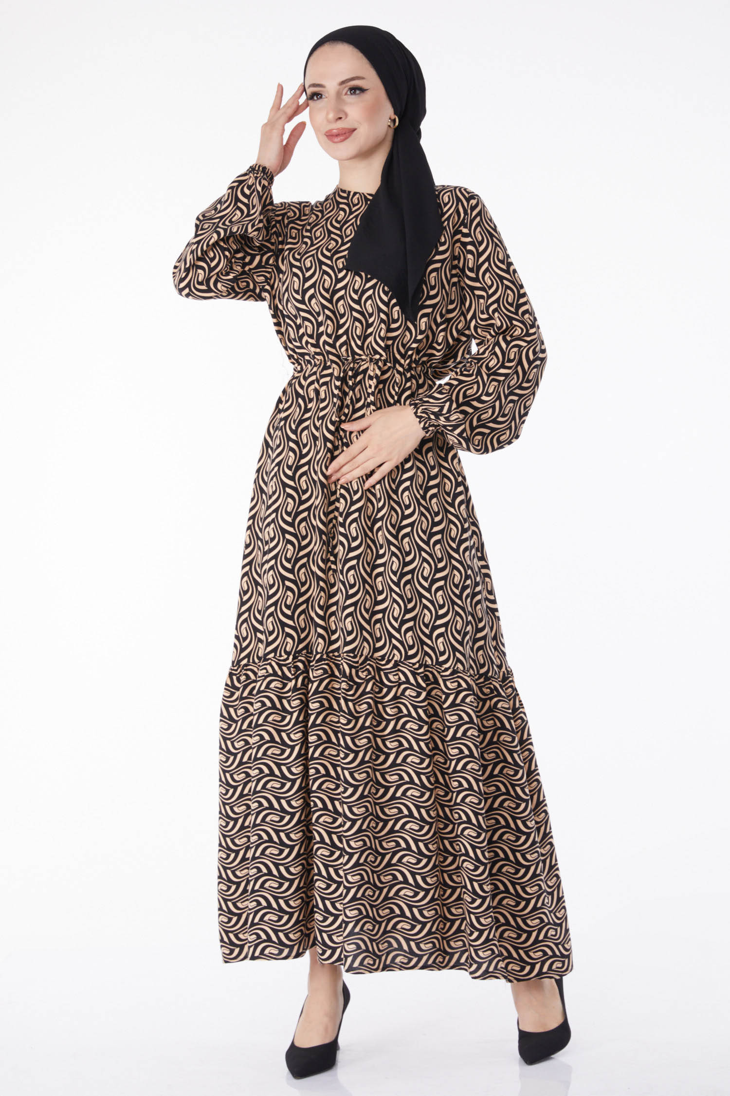 Desenli Elbise Bej - 25078 - 1