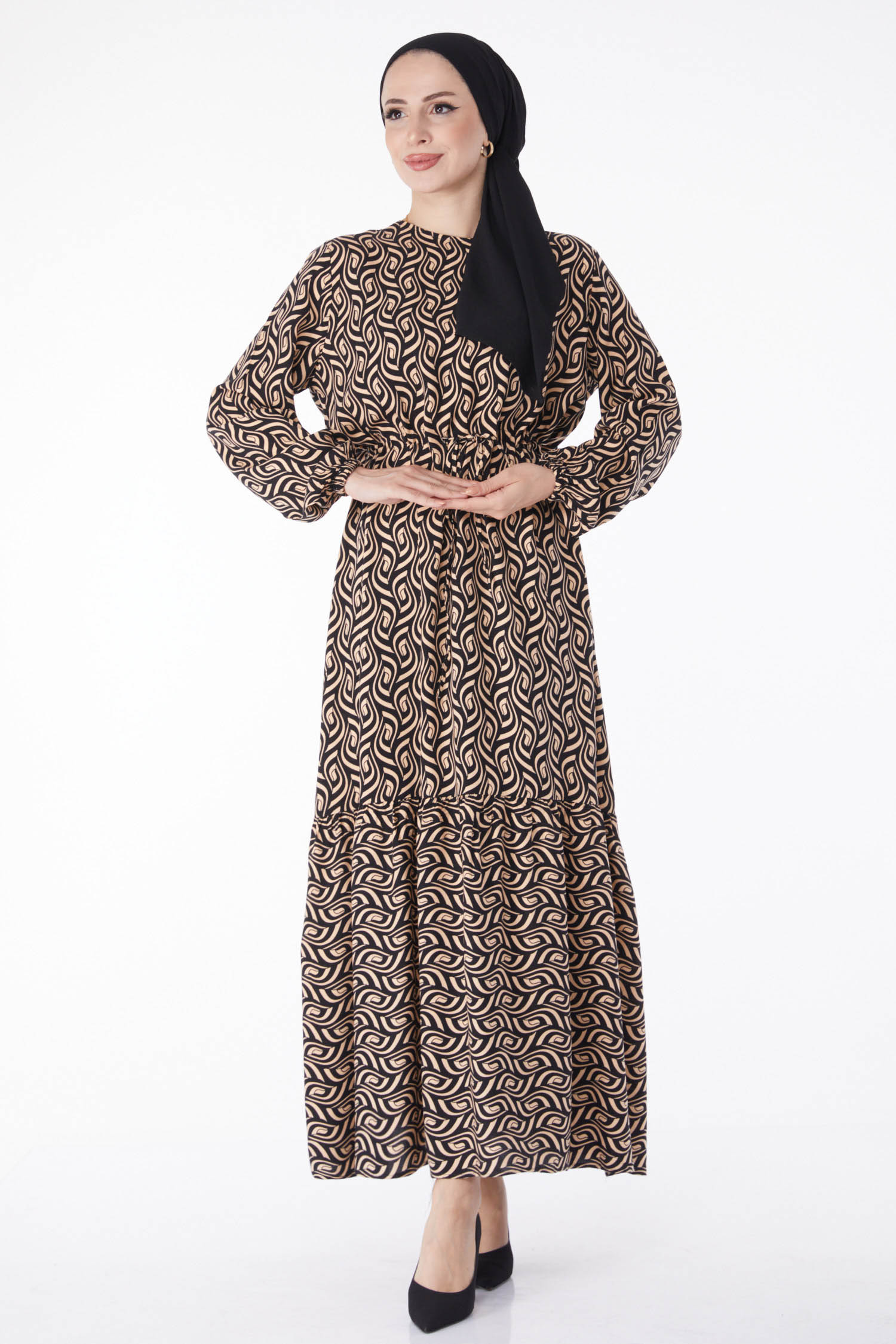 Desenli Elbise Bej - 25078 - 2