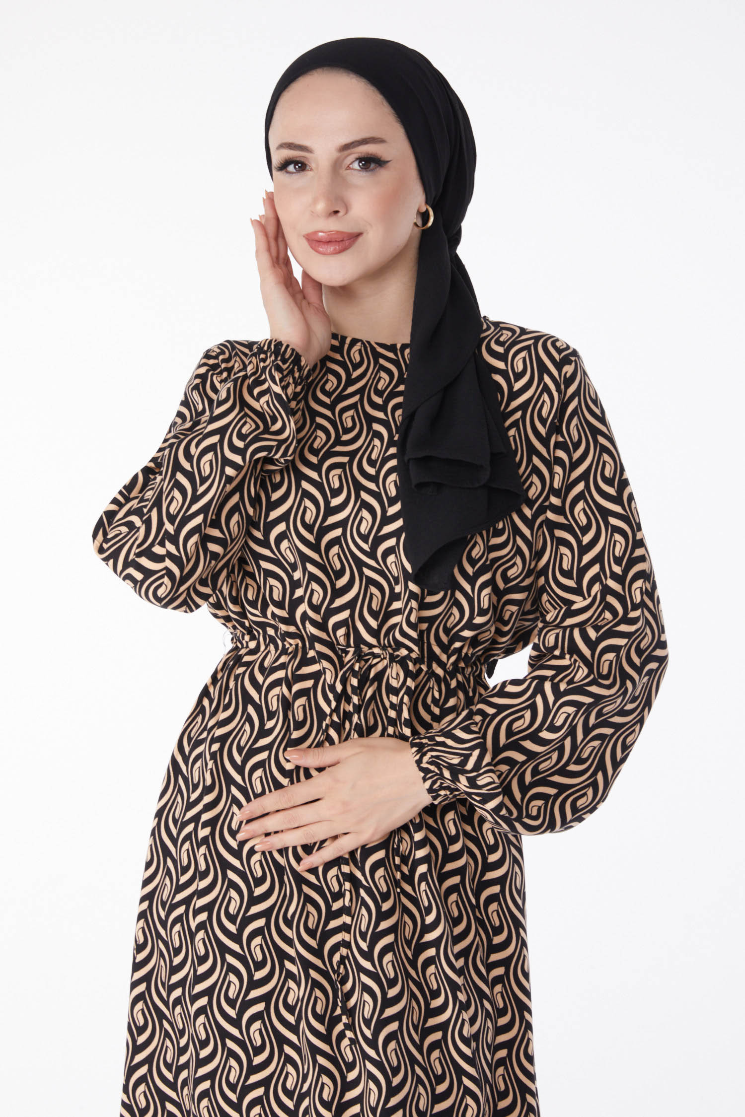 Desenli Elbise Bej - 25078 - 3