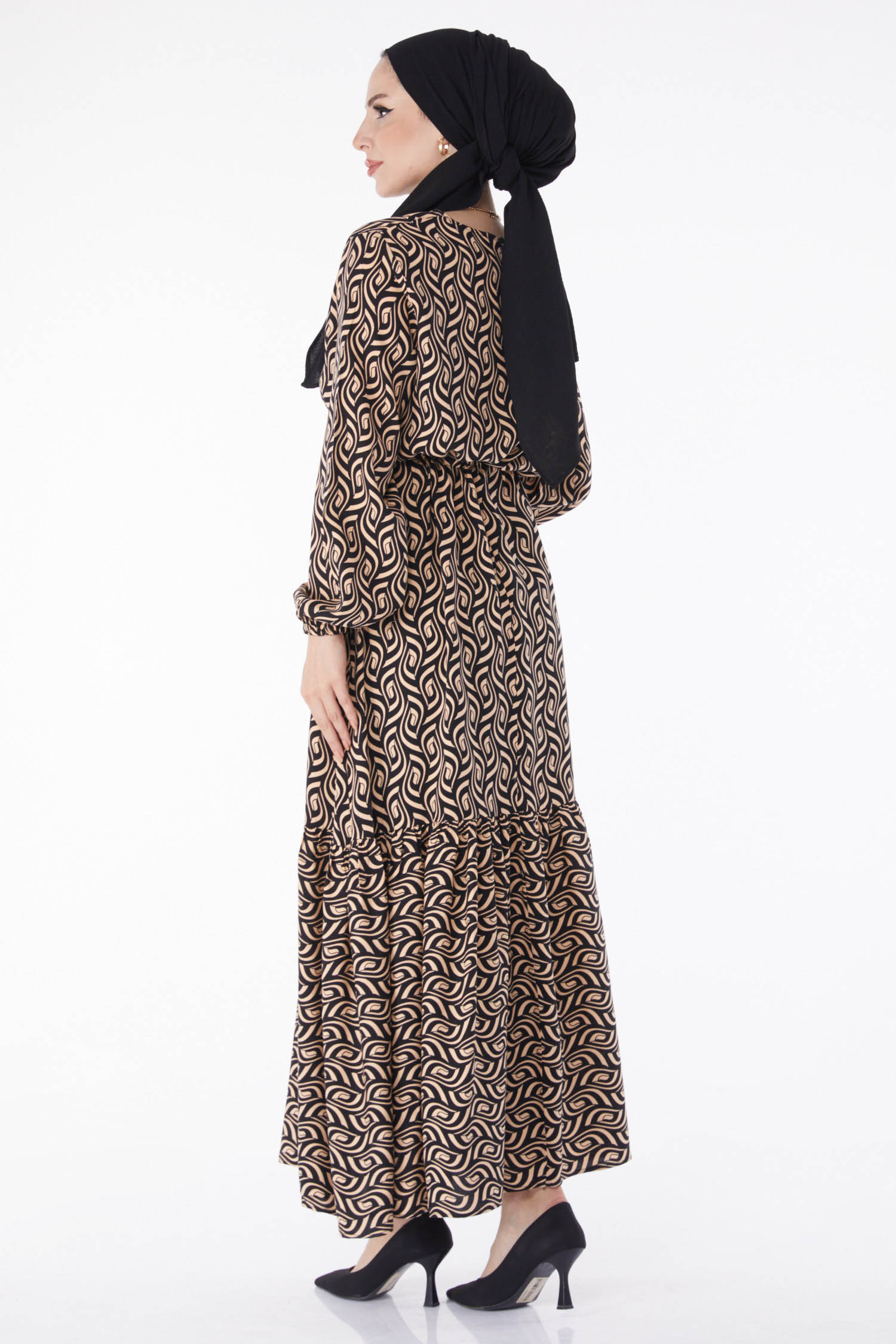 Desenli Elbise Bej - 25078 - 5