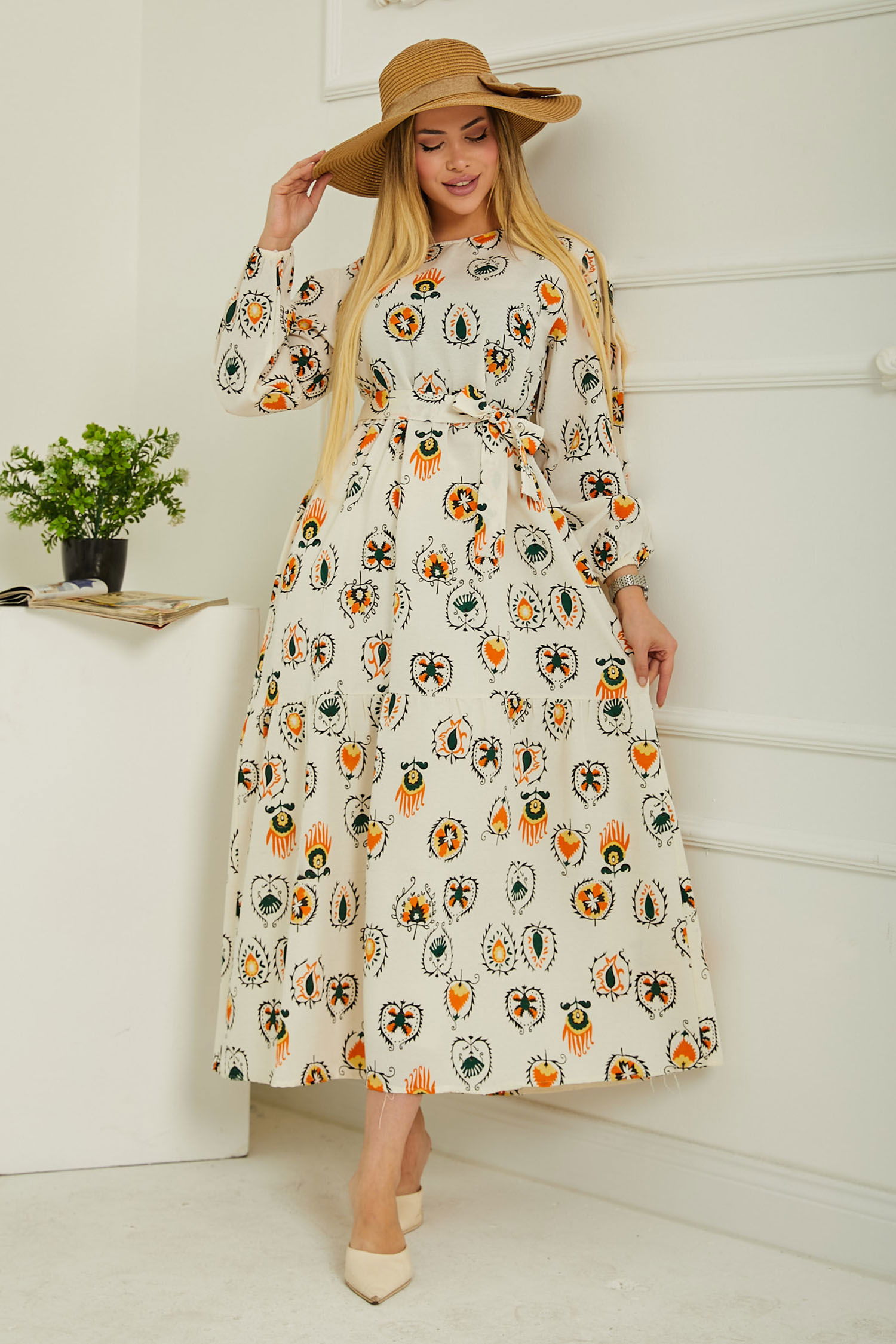 Düz Bisiklet Yaka Kadın Bej Desenli Kolu Büzgülü Elbise - 26619 - 1