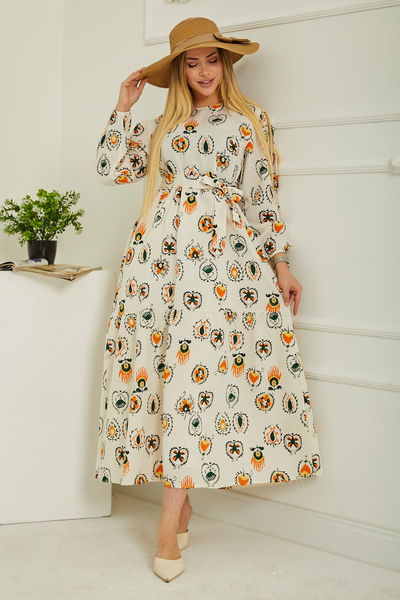 Düz Bisiklet Yaka Kadın Bej Desenli Kolu Büzgülü Elbise - 26619 