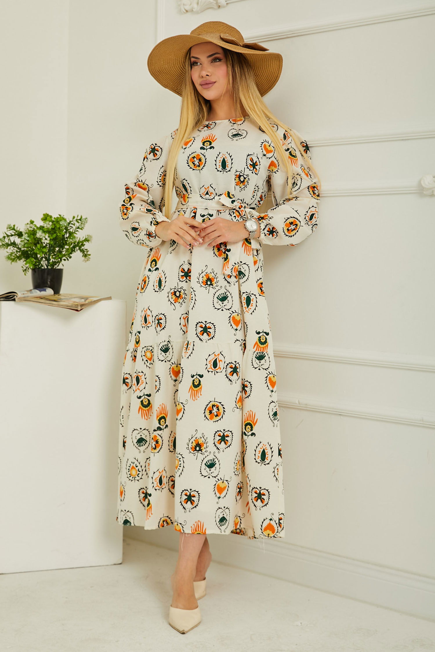 Düz Bisiklet Yaka Kadın Bej Desenli Kolu Büzgülü Elbise - 26619 - 2