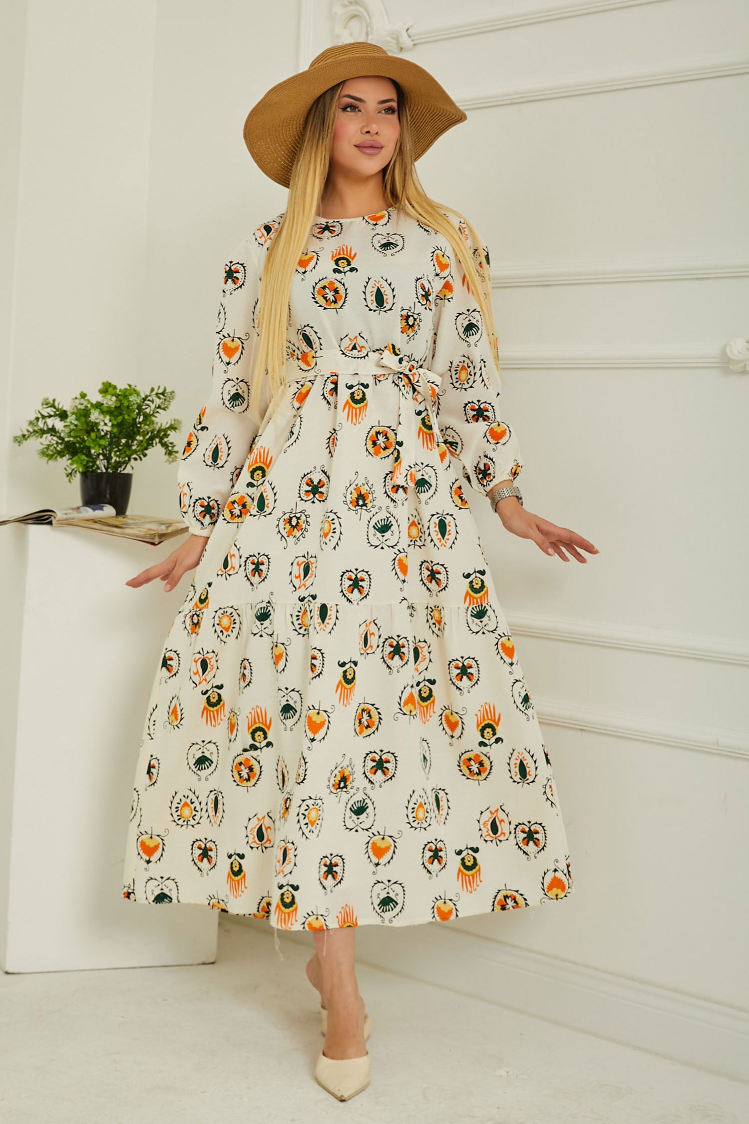 Düz Bisiklet Yaka Kadın Bej Desenli Kolu Büzgülü Elbise - 26619 - 3