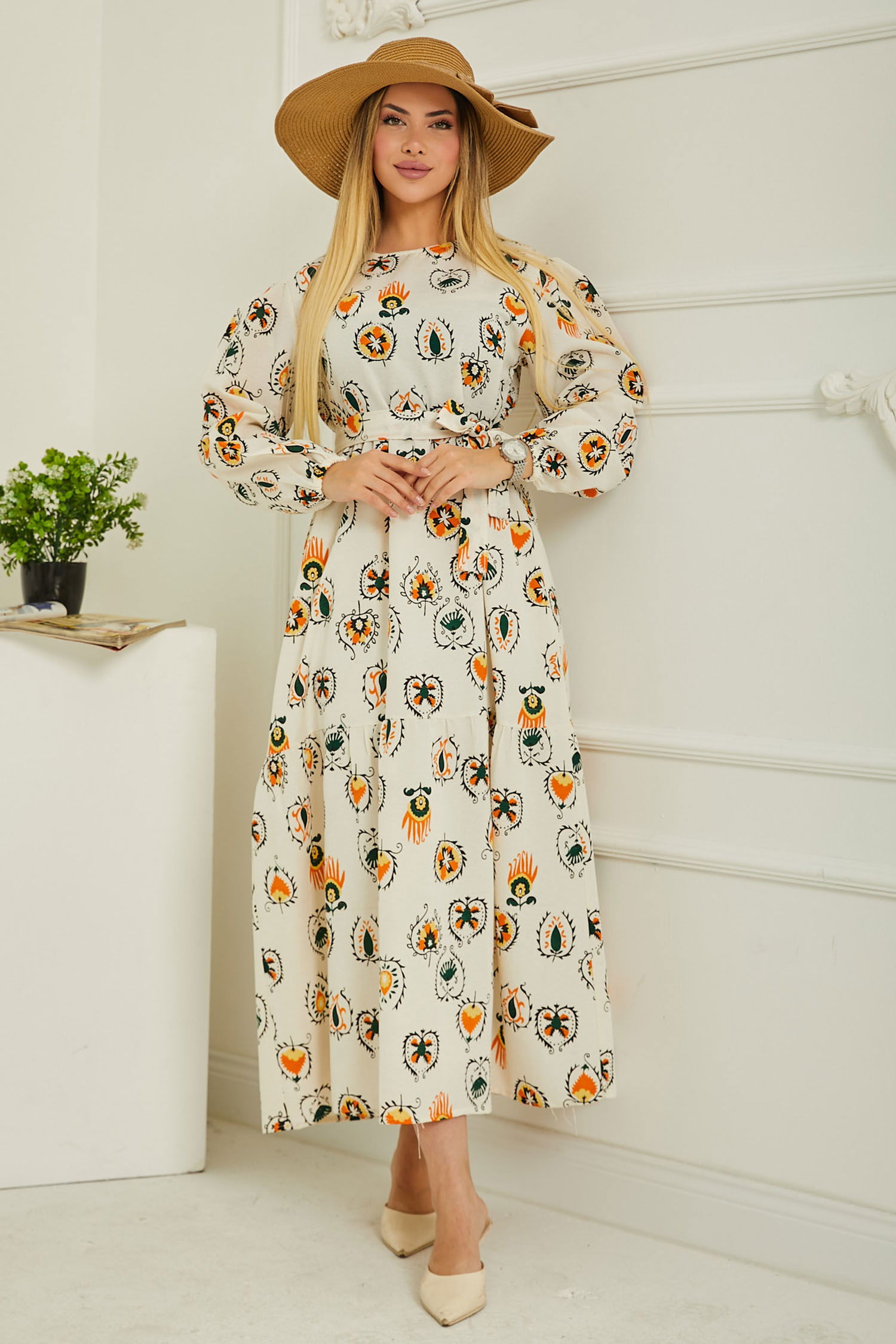 Düz Bisiklet Yaka Kadın Bej Desenli Kolu Büzgülü Elbise - 26619 - 4