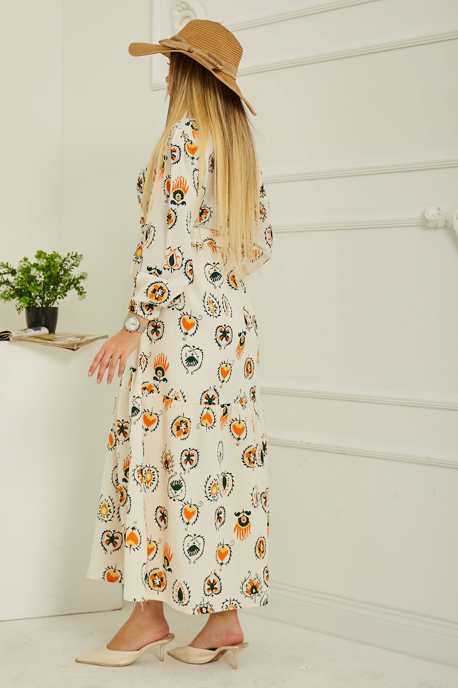 Düz Bisiklet Yaka Kadın Bej Desenli Kolu Büzgülü Elbise - 26619 - 6