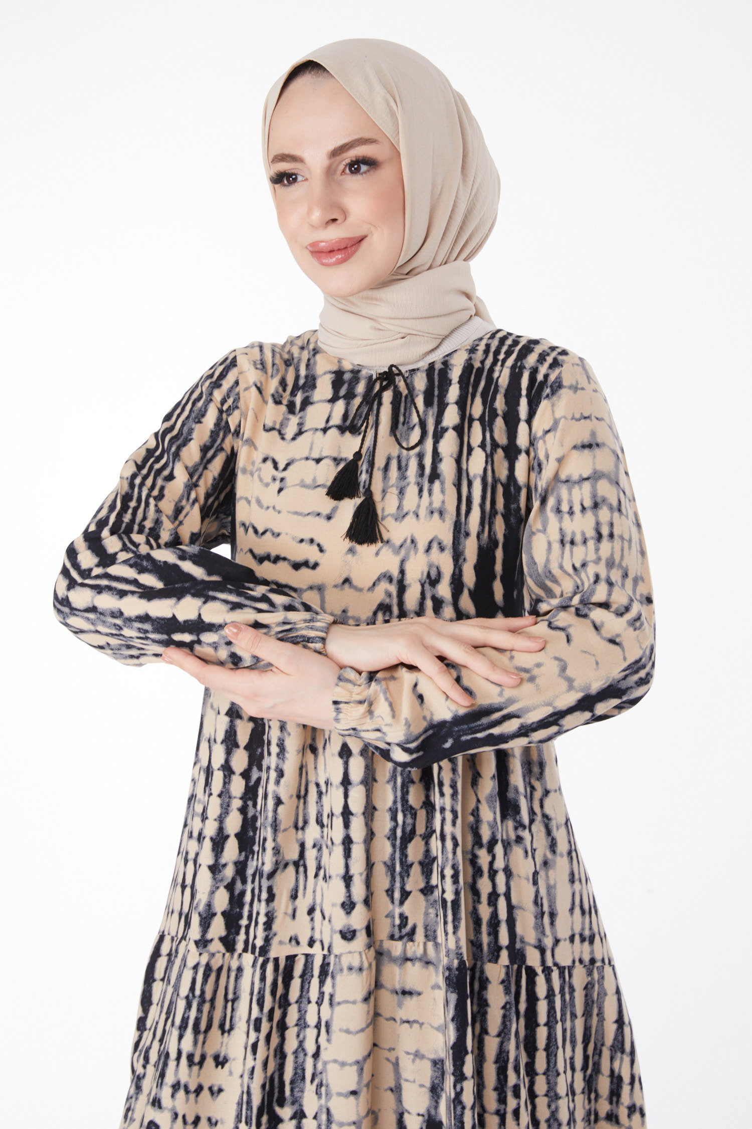 Desenli Renkli Elbise Bej - 24990 - 3
