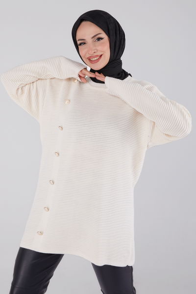 Düğmeli Kazak Bej - 26501 