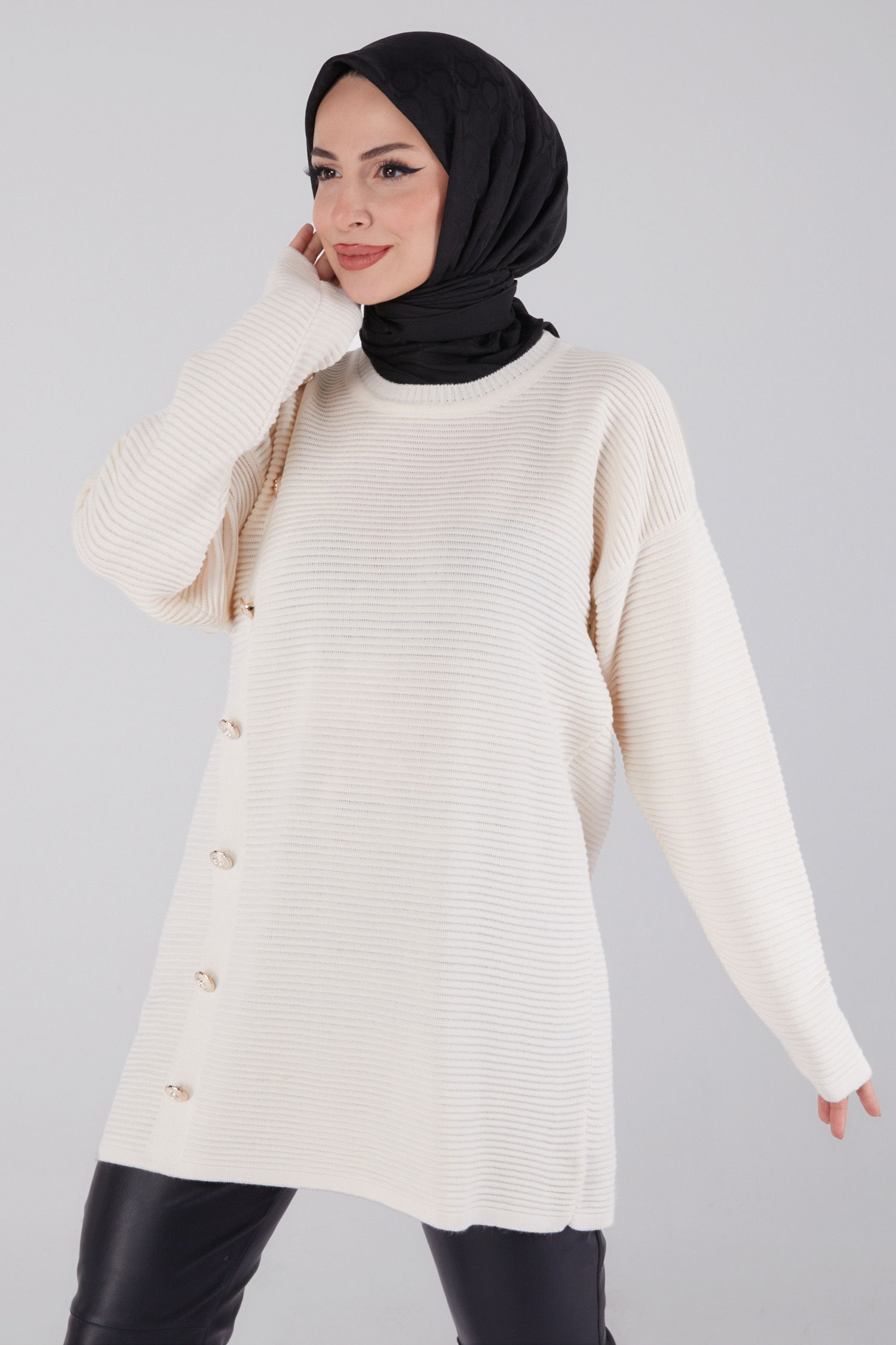 Düğmeli Kazak Bej - 26501 - 2