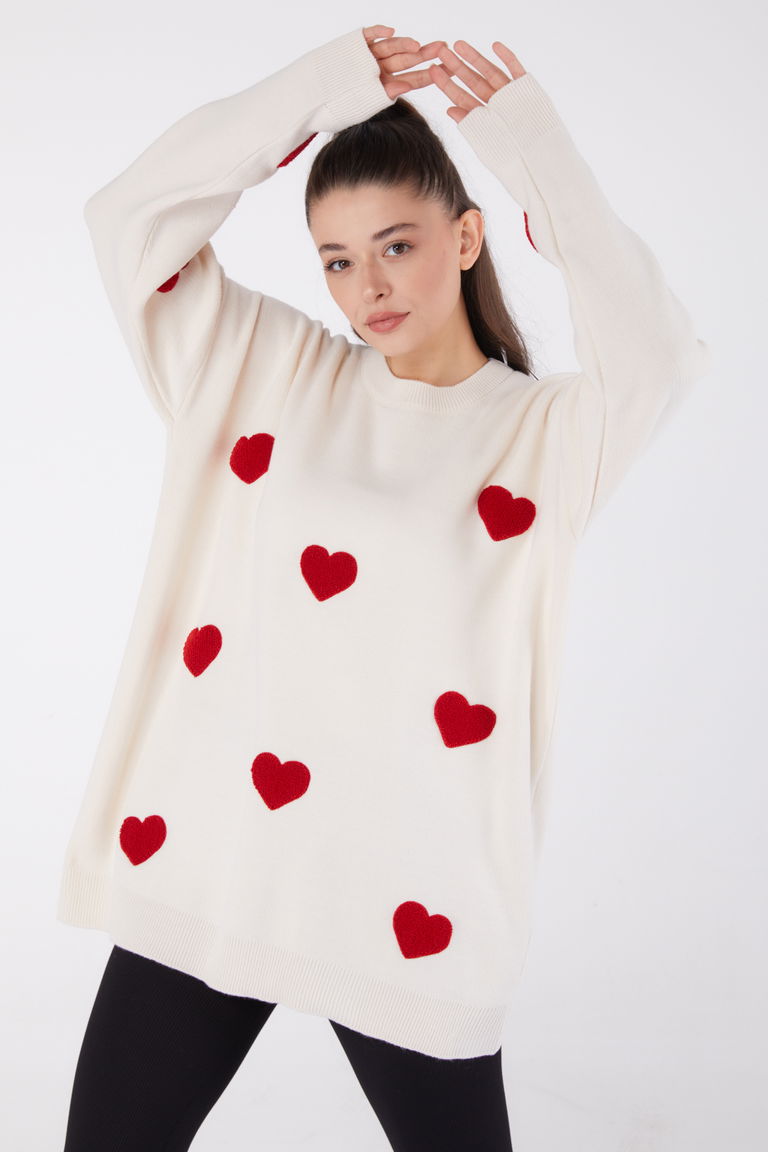 Düz Bisiklet Yaka Kadın Bej Kalpli Kazak - 26498 - TOFİSA