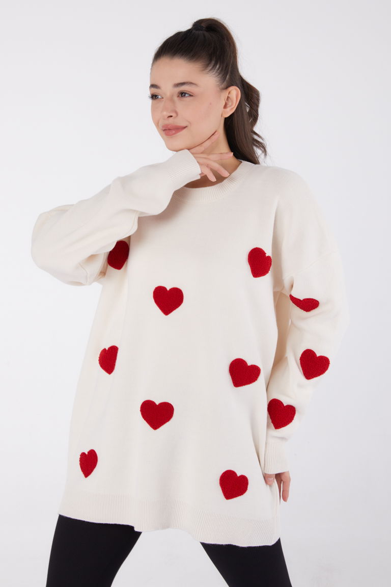 Düz Bisiklet Yaka Kadın Bej Kalpli Kazak - 26498 - TOFİSA