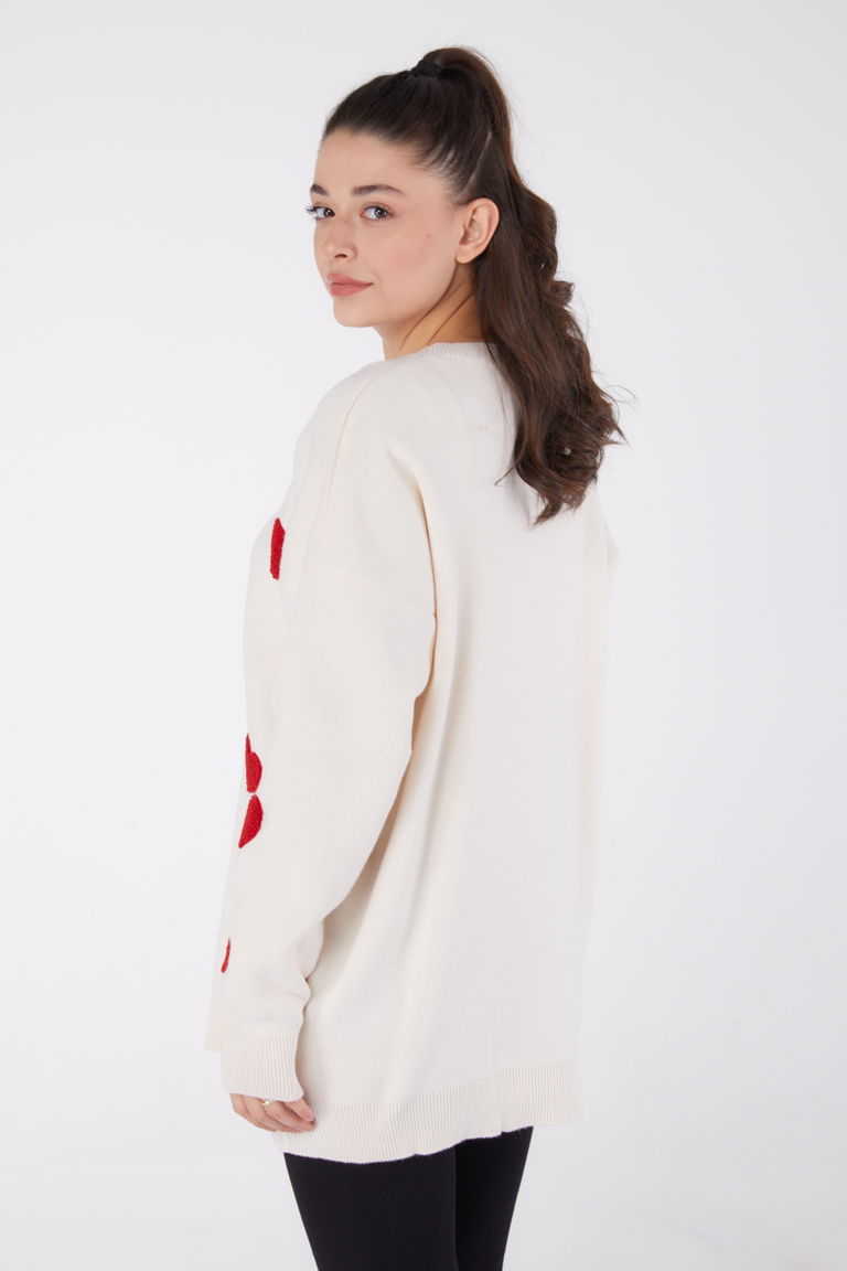 Düz Bisiklet Yaka Kadın Bej Kalpli Kazak - 26498 - TOFİSA