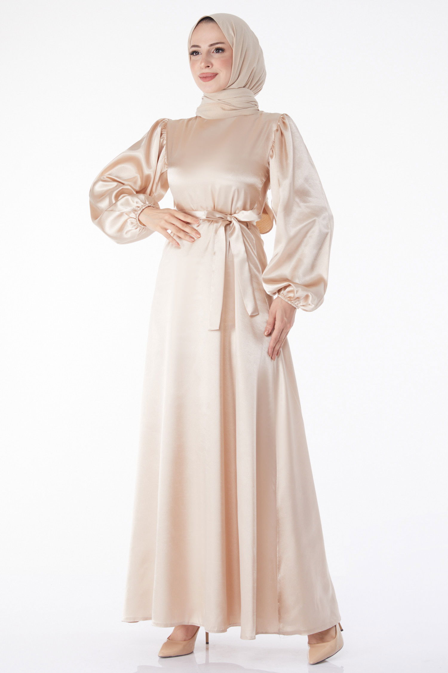 Kuşaklı Elbise Bej - 13160 - 2