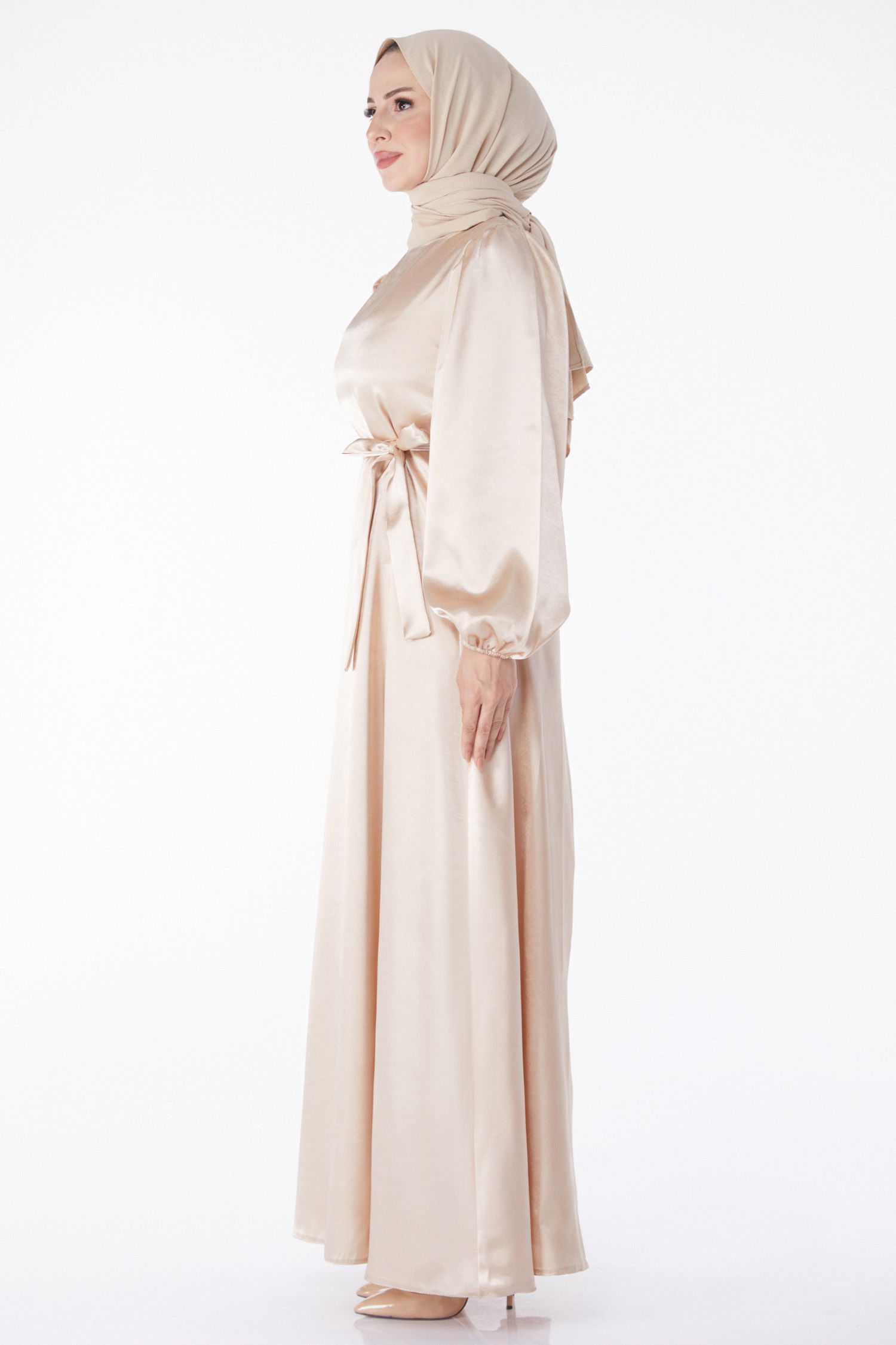 Kuşaklı Elbise Bej - 13160 - 4