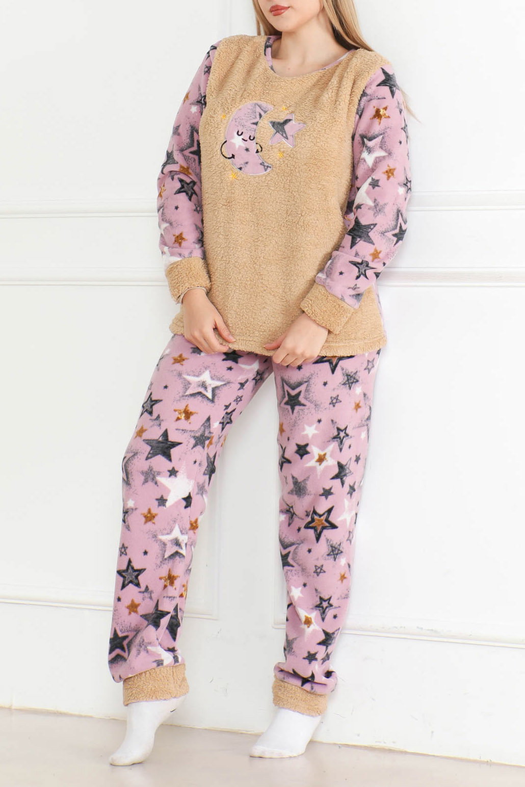 Nakışlı Peluş Polar Pijama Takım Bej - 26637 - 1