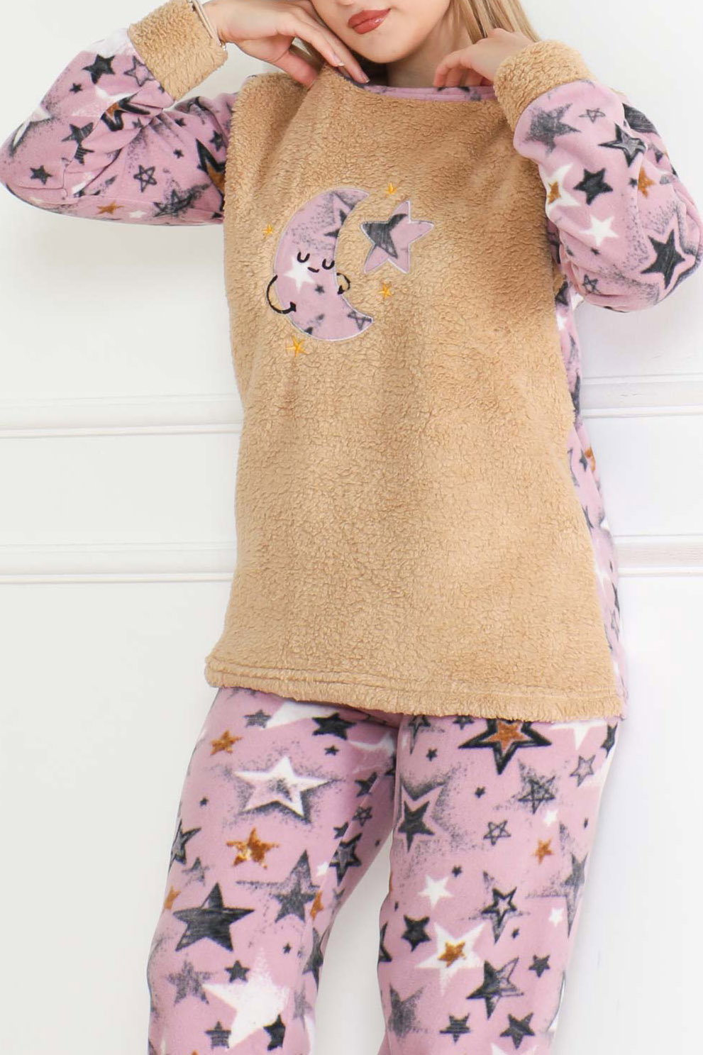 Nakışlı Peluş Polar Pijama Takım Bej - 26637 - 3