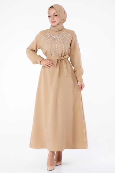 Taş Detaylı Elbise Bej - 26282 
