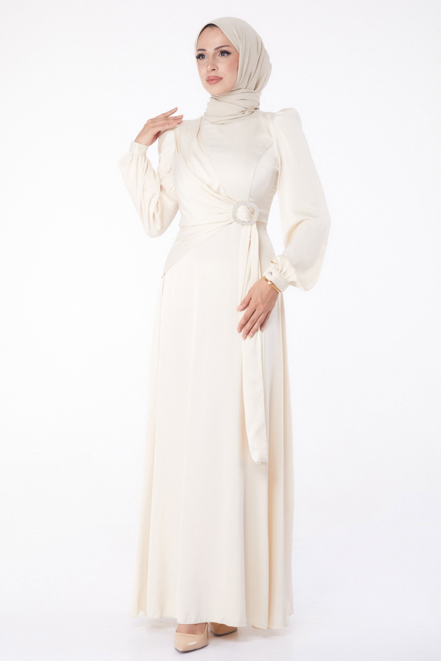 Taşlı Abiye Elbise Bej - 26193 - 1