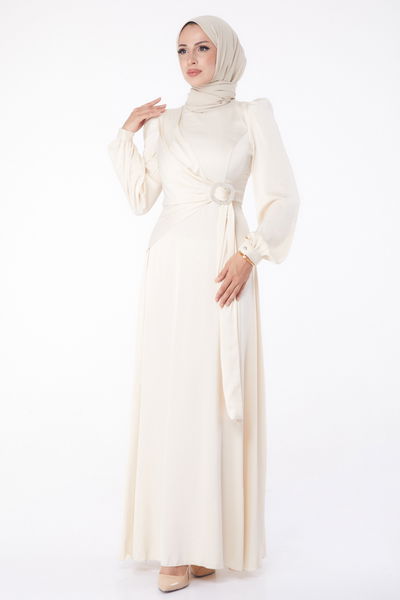 Taşlı Abiye Elbise Bej - 26193 