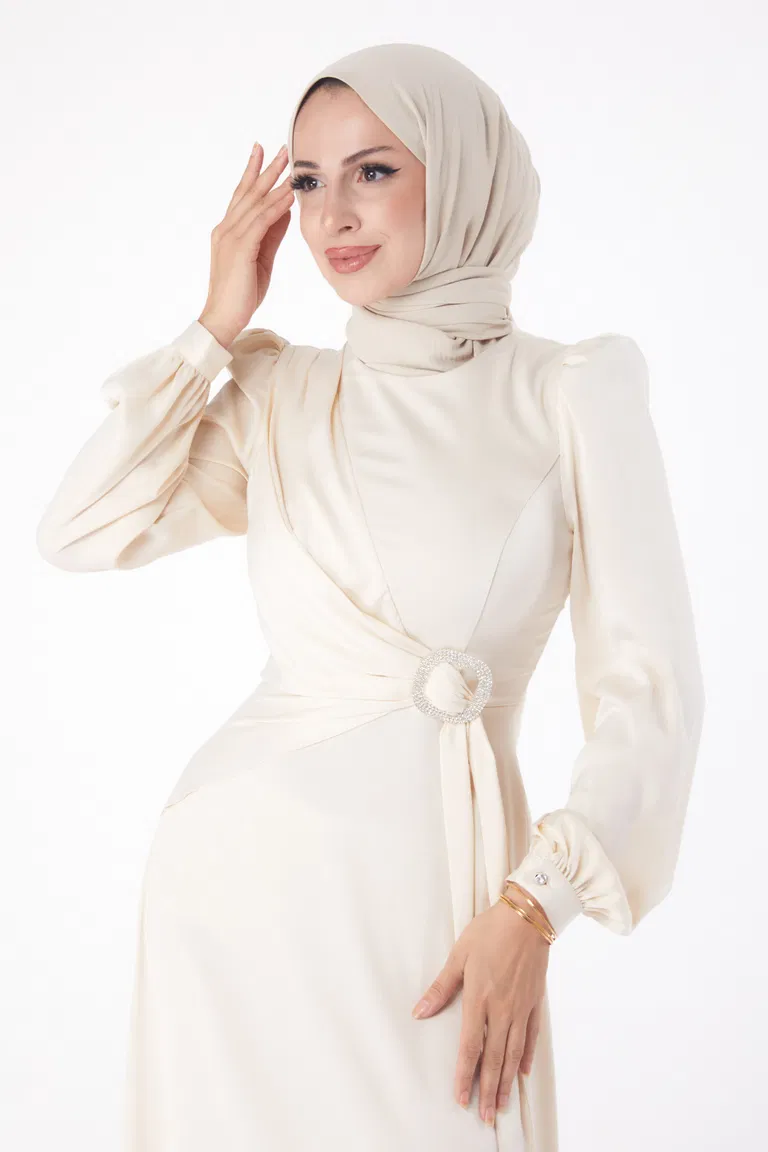 Taşlı Abiye Elbise Bej - 26193 - TOFİSA