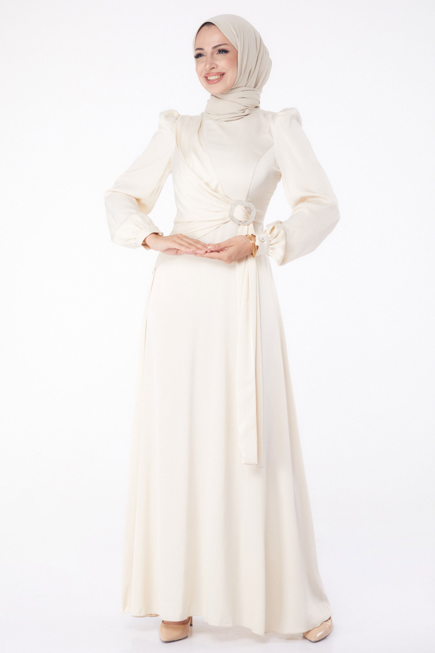 Taşlı Abiye Elbise Bej - 26193 - 3