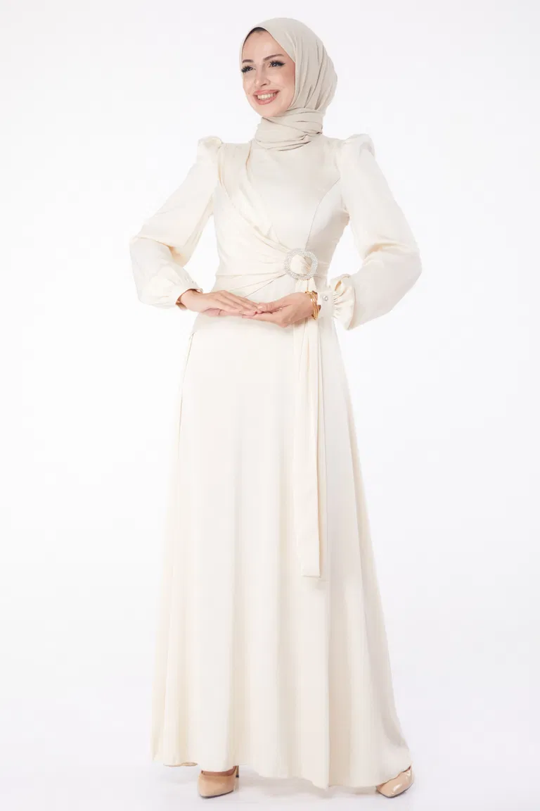 Taşlı Abiye Elbise Bej - 26193 - TOFİSA