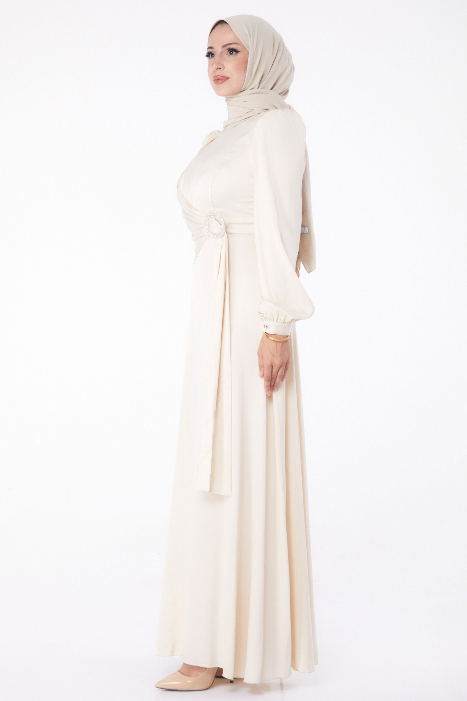 Taşlı Abiye Elbise Bej - 26193 - 4