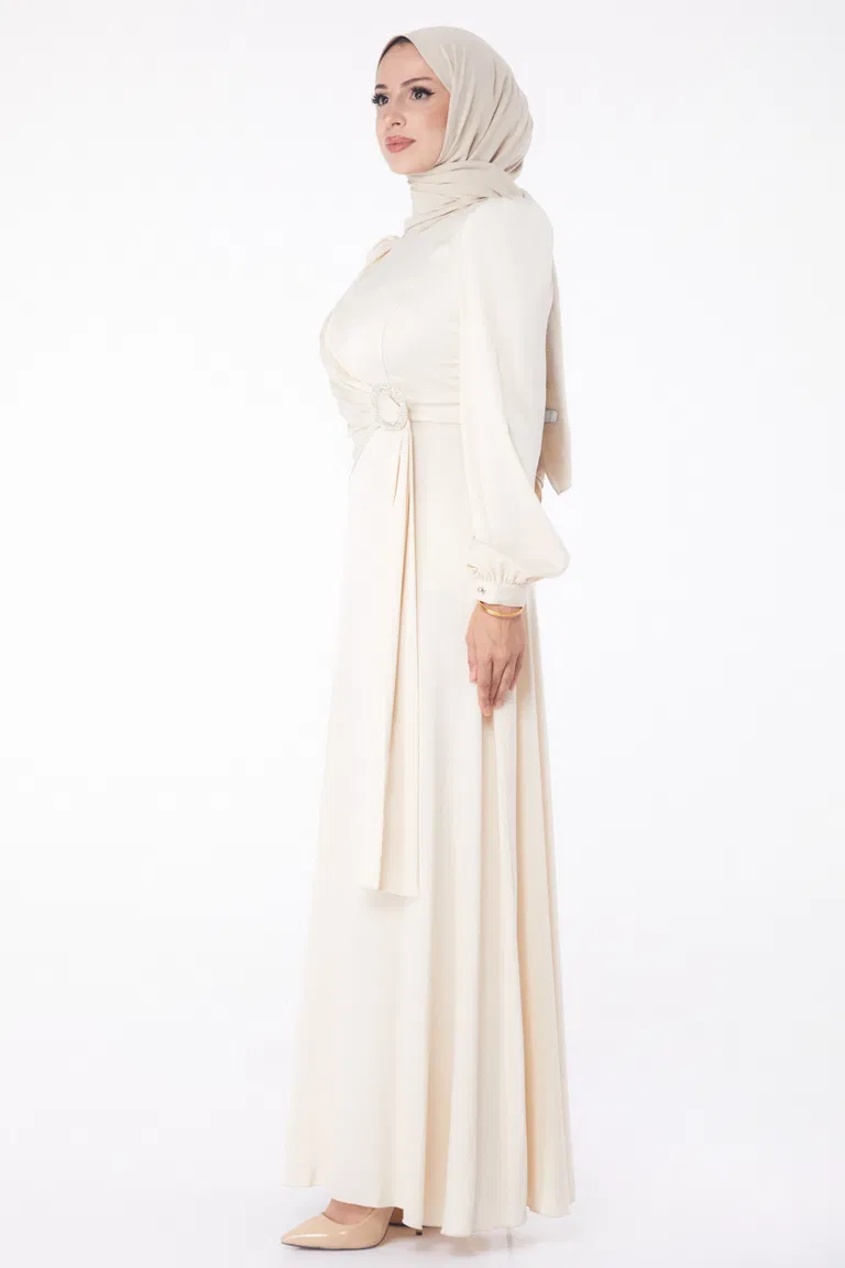 Taşlı Abiye Elbise Bej - 26193 - TOFİSA