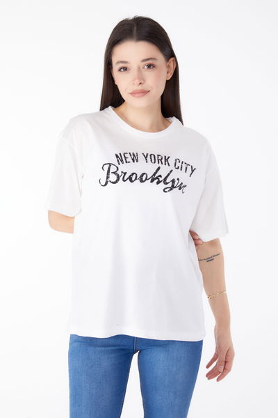 Baskılı Kısa Kollu T-Shirt Beyaz - 25386 