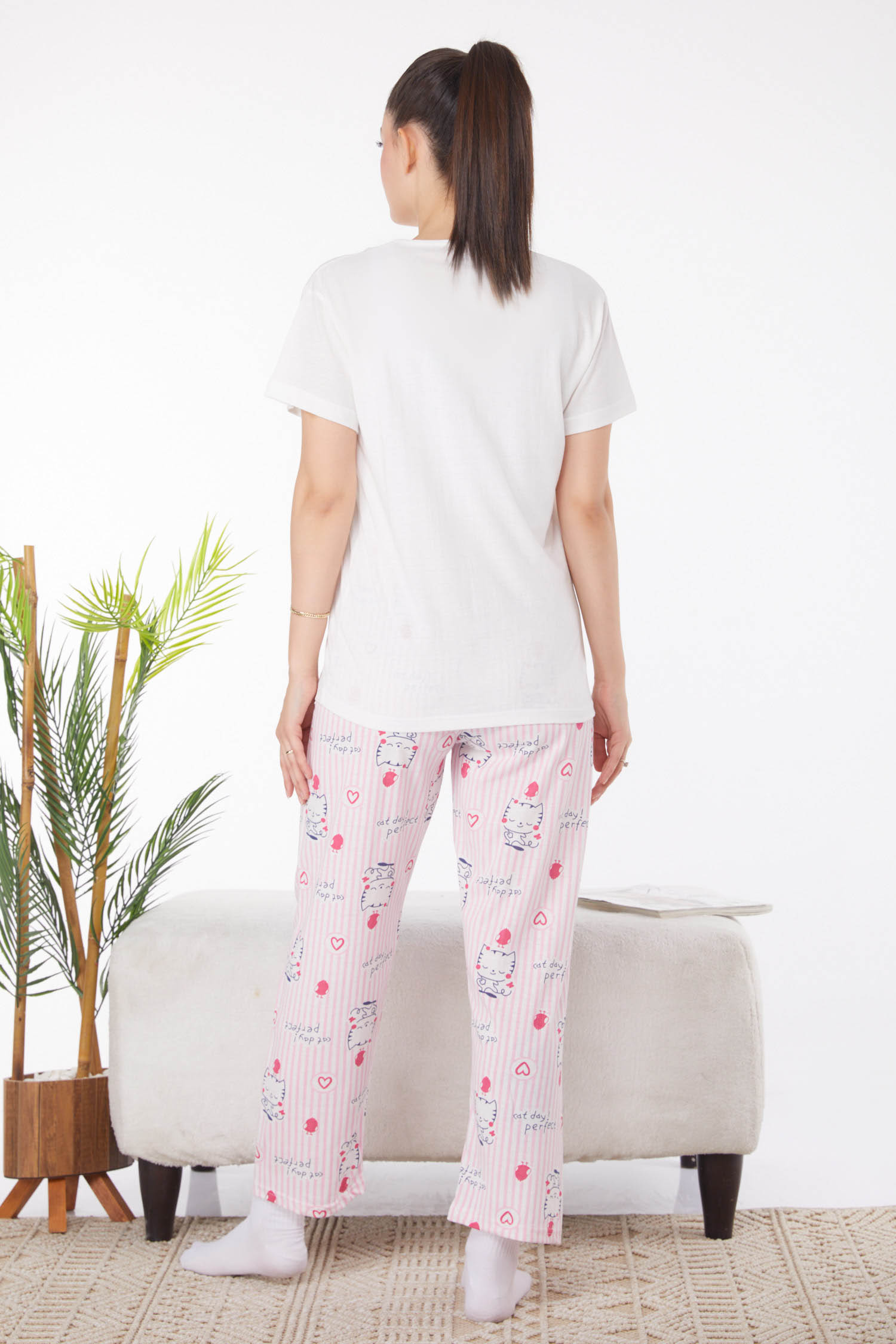 Düz Bisiklet Yaka Kadın Beyaz Baskılı Pijama Takımı - 25813 - 5