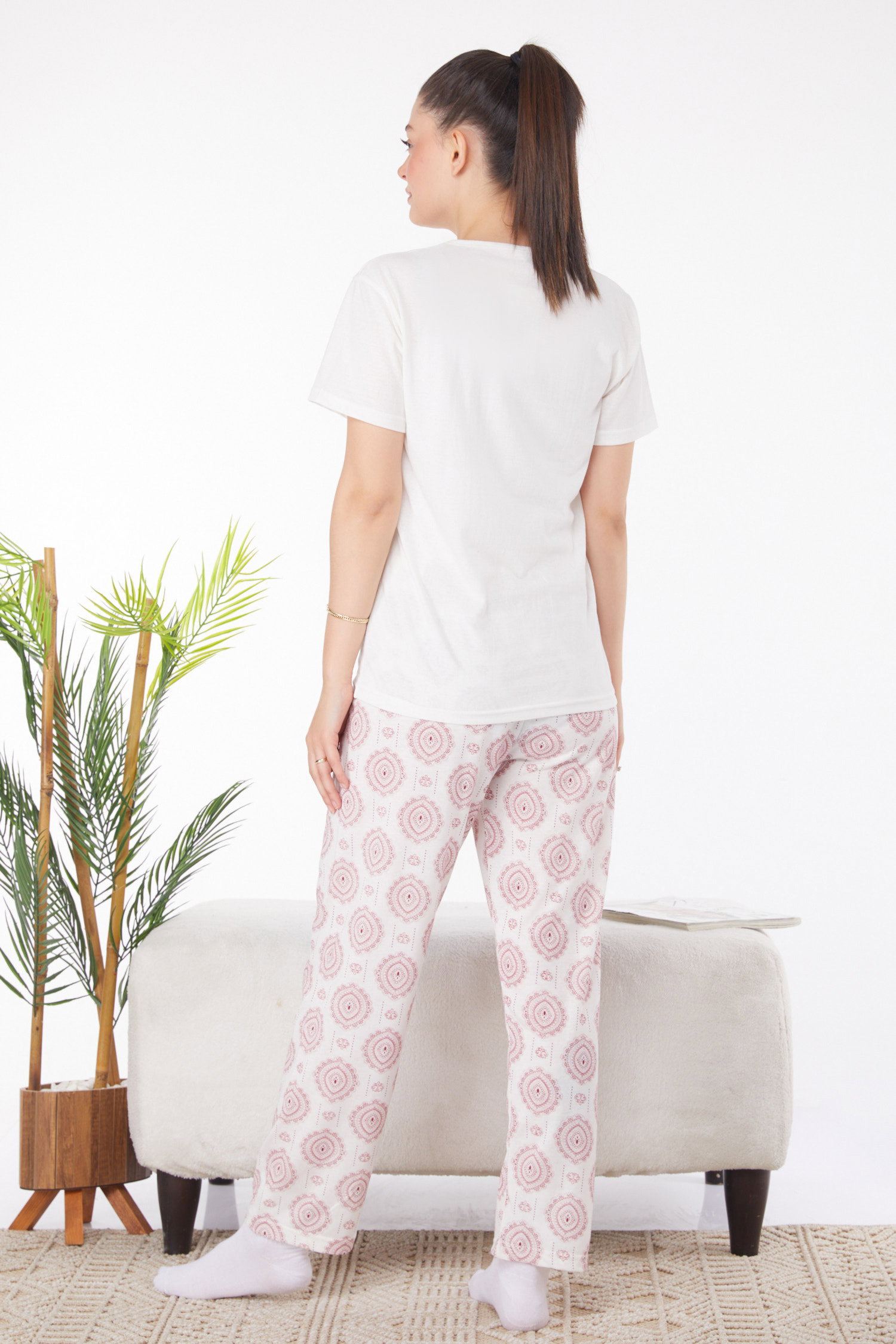 Düz Bisiklet Yaka Kadın Beyaz Baskılı Pijama Takımı - 25814 - 5