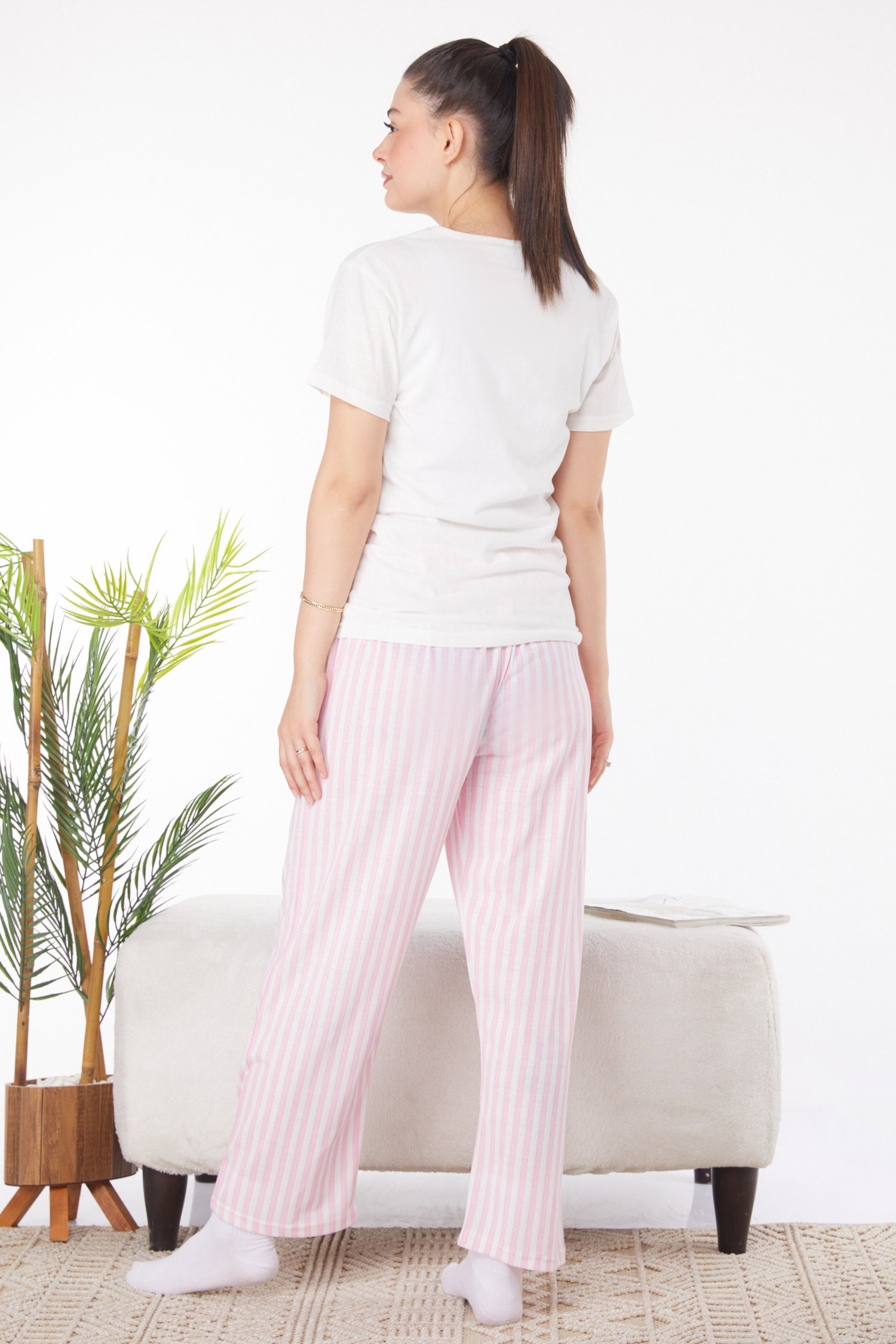 Düz Bisiklet Yaka Kadın Beyaz Baskılı Pijama Takımı - 25815 - 5