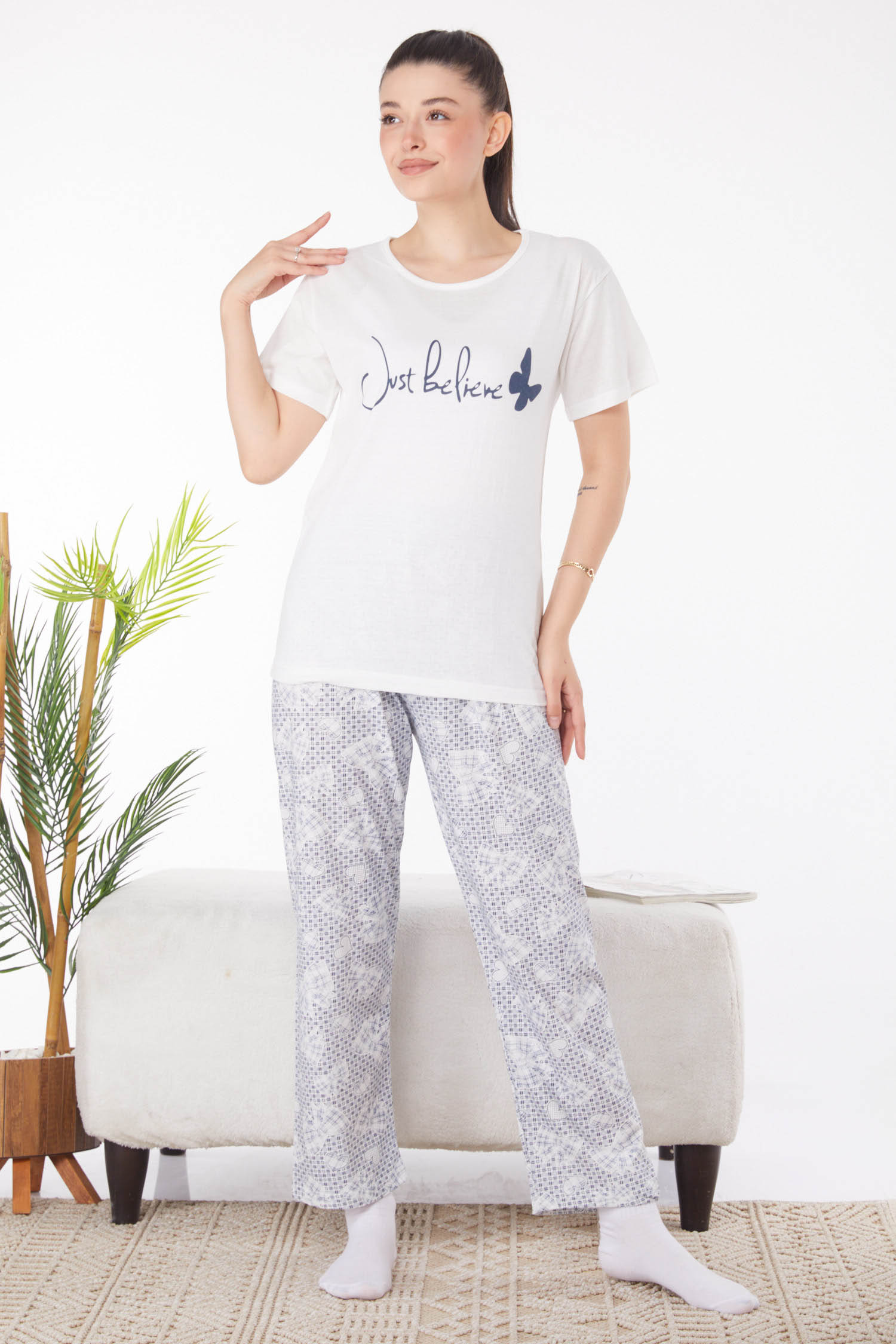 Düz Bisiklet Yaka Kadın Beyaz Baskılı Pijama Takımı - 25818 - 1