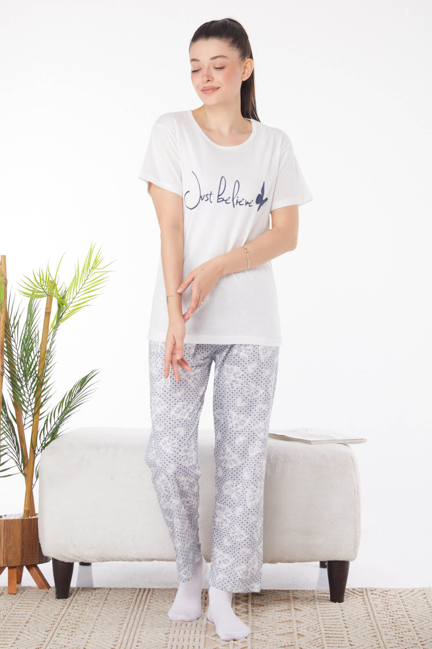 Düz Bisiklet Yaka Kadın Beyaz Baskılı Pijama Takımı - 25818 - 3